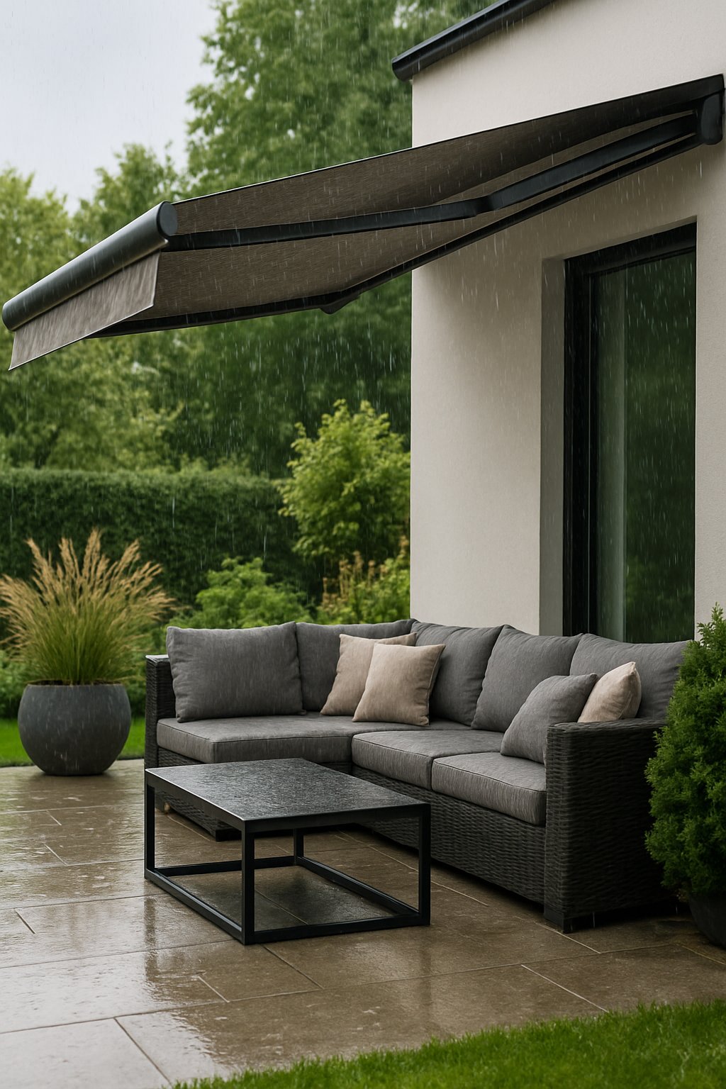 Outdoor patio with a retractable awning extended over seating area during a light rain shower