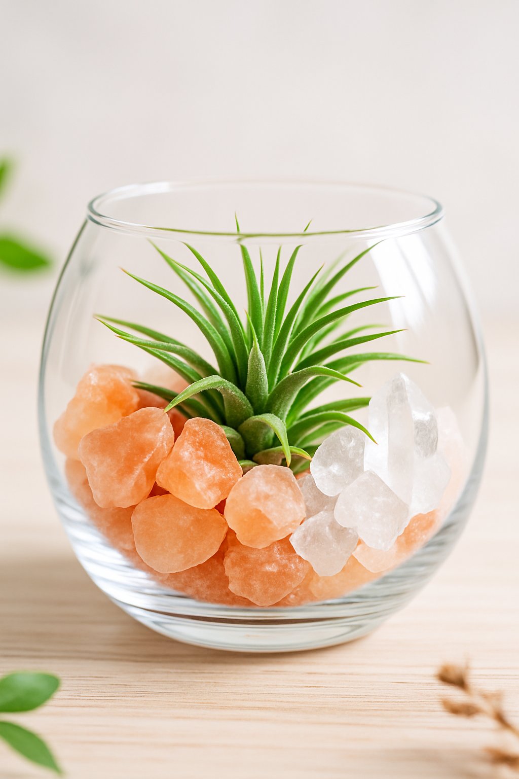 A glass terrarium containing a green air plant surrounded by Himalayan salt crystals and clear quartz stones on a wooden surface.