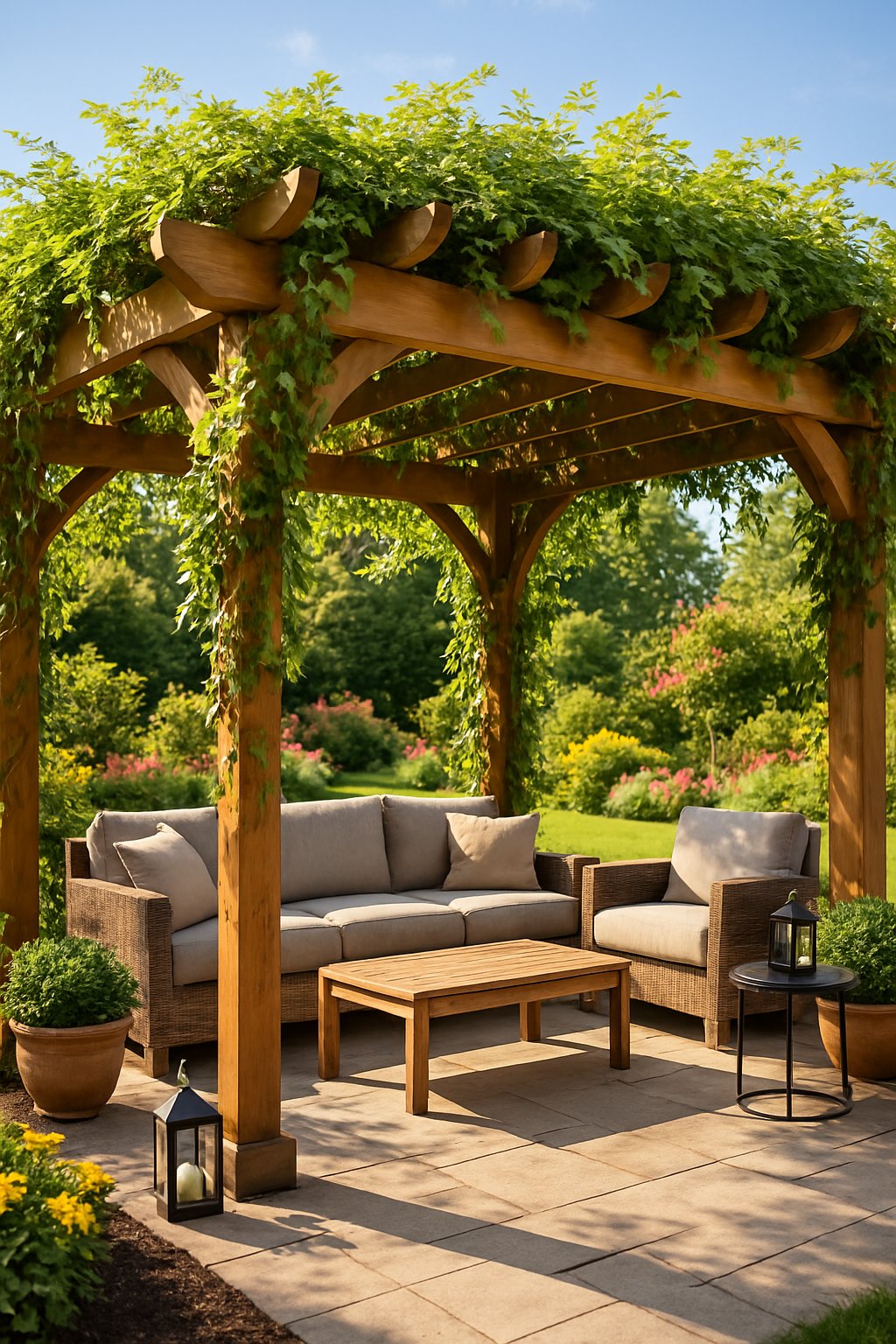 A wooden pergola covered with green climbing vines providing shade over an outdoor seating area in a garden.