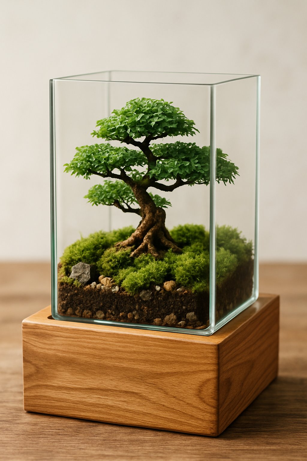 Miniature bonsai tree terrarium inside a wooden box with moss and rocks.
