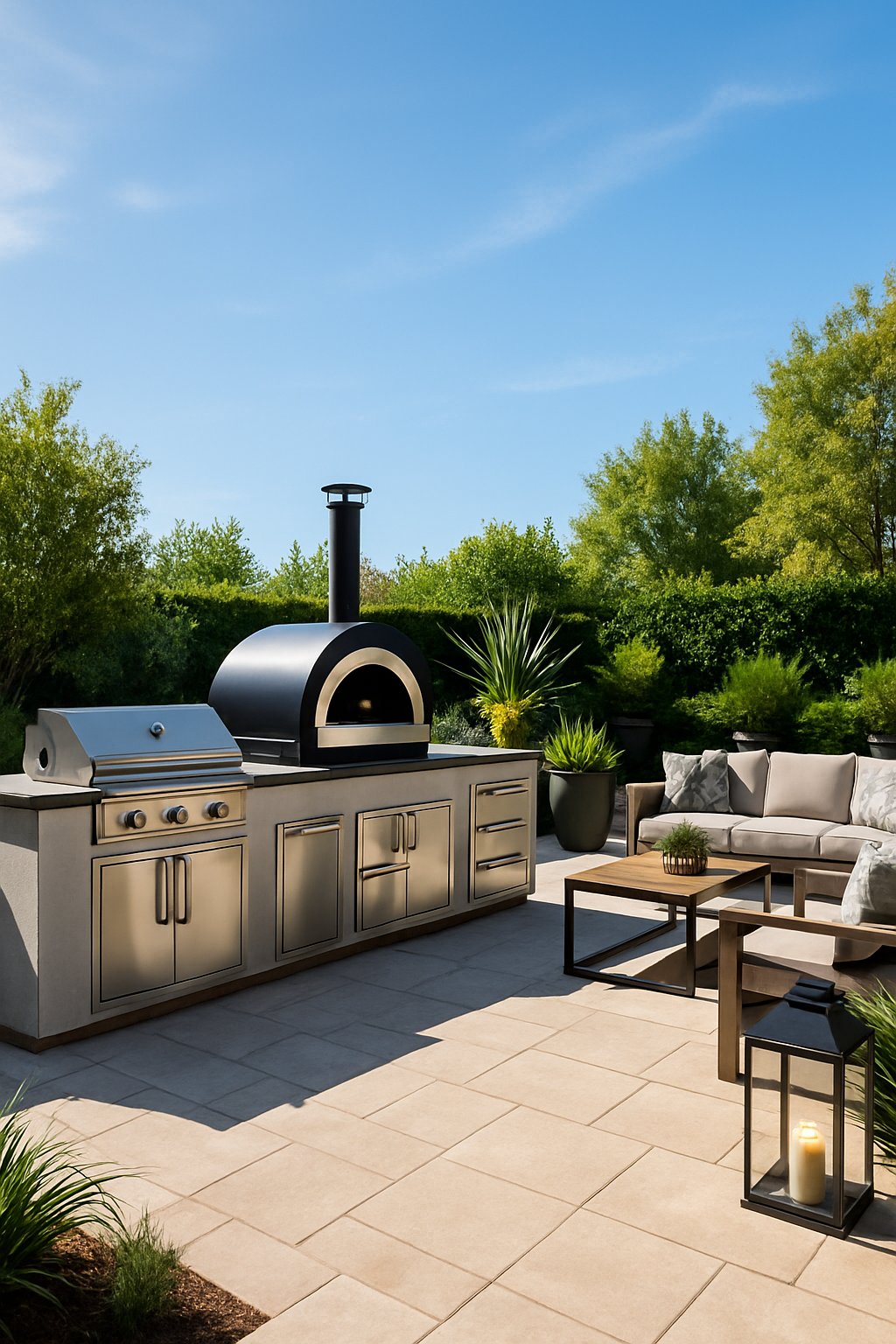 Outdoor living space with a built-in kitchen and pizza oven on a spacious patio with seating and plants.