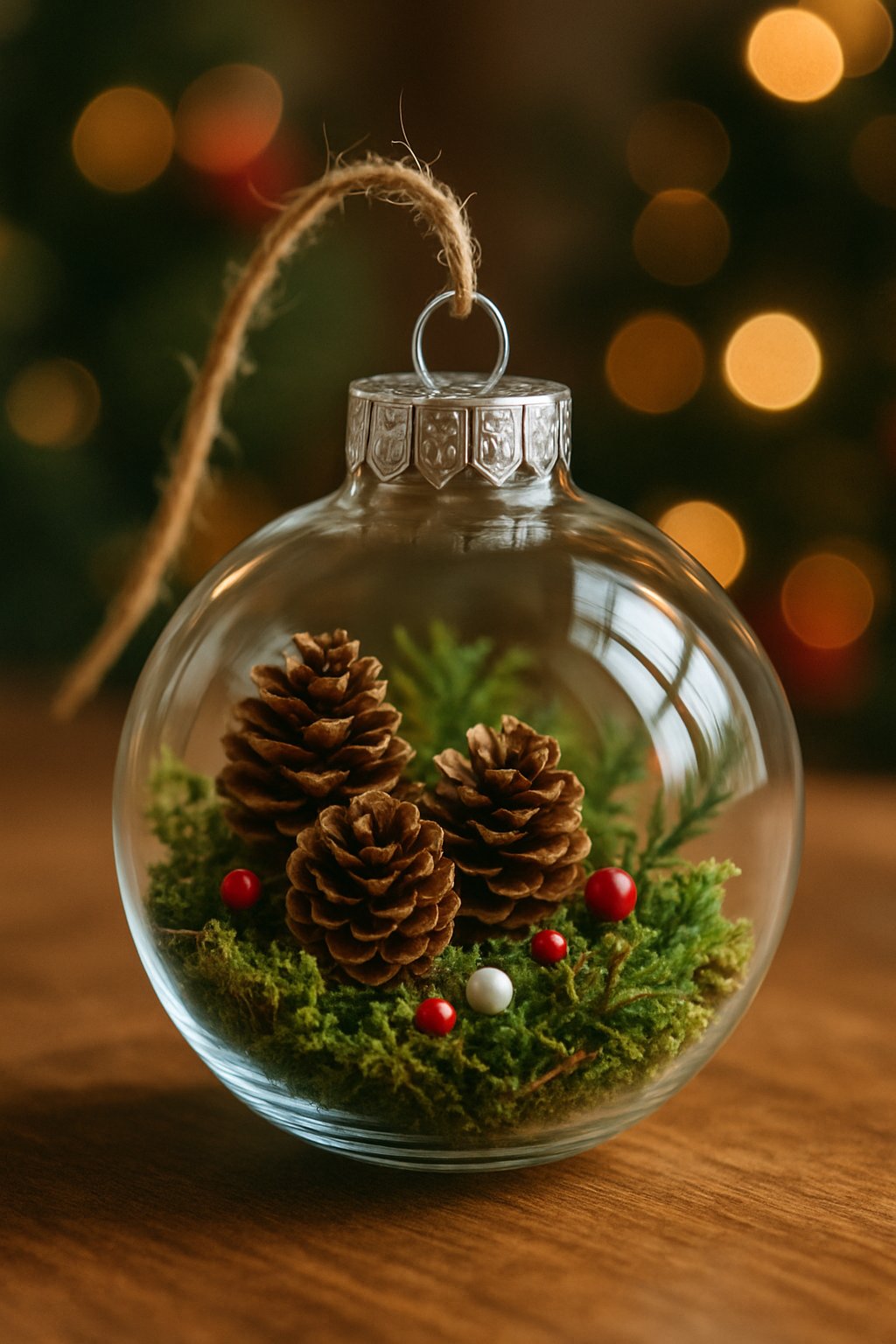 A clear glass Christmas ornament terrarium filled with tiny pine cones and moss on a wooden surface.