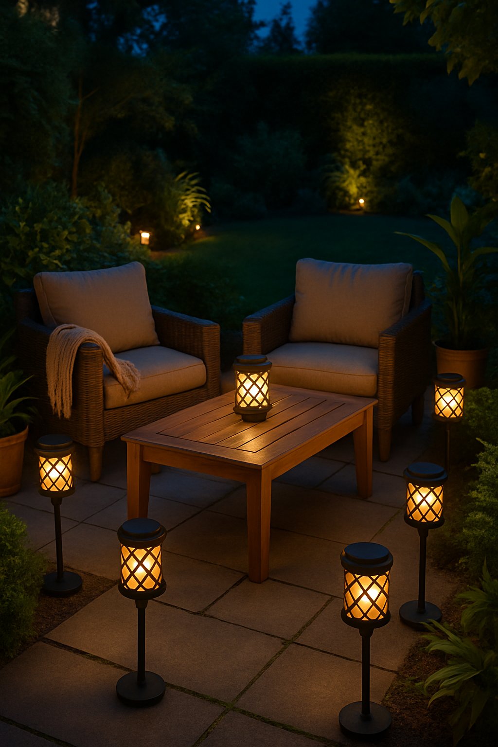 Outdoor living space at dusk with solar-powered lanterns glowing softly around a seating area surrounded by plants.