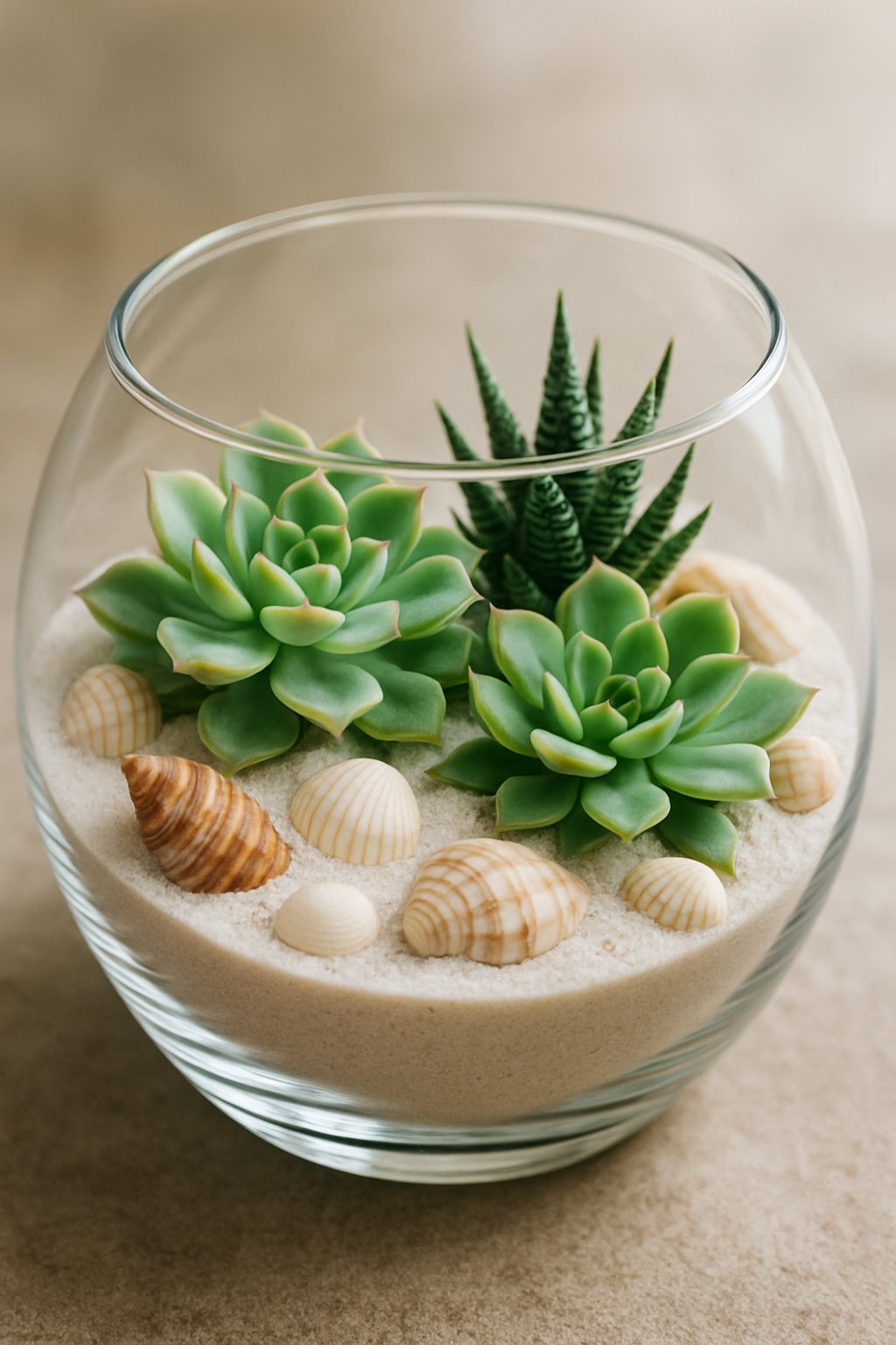 A glass terrarium containing white sand, seashells, and green succulent plants.