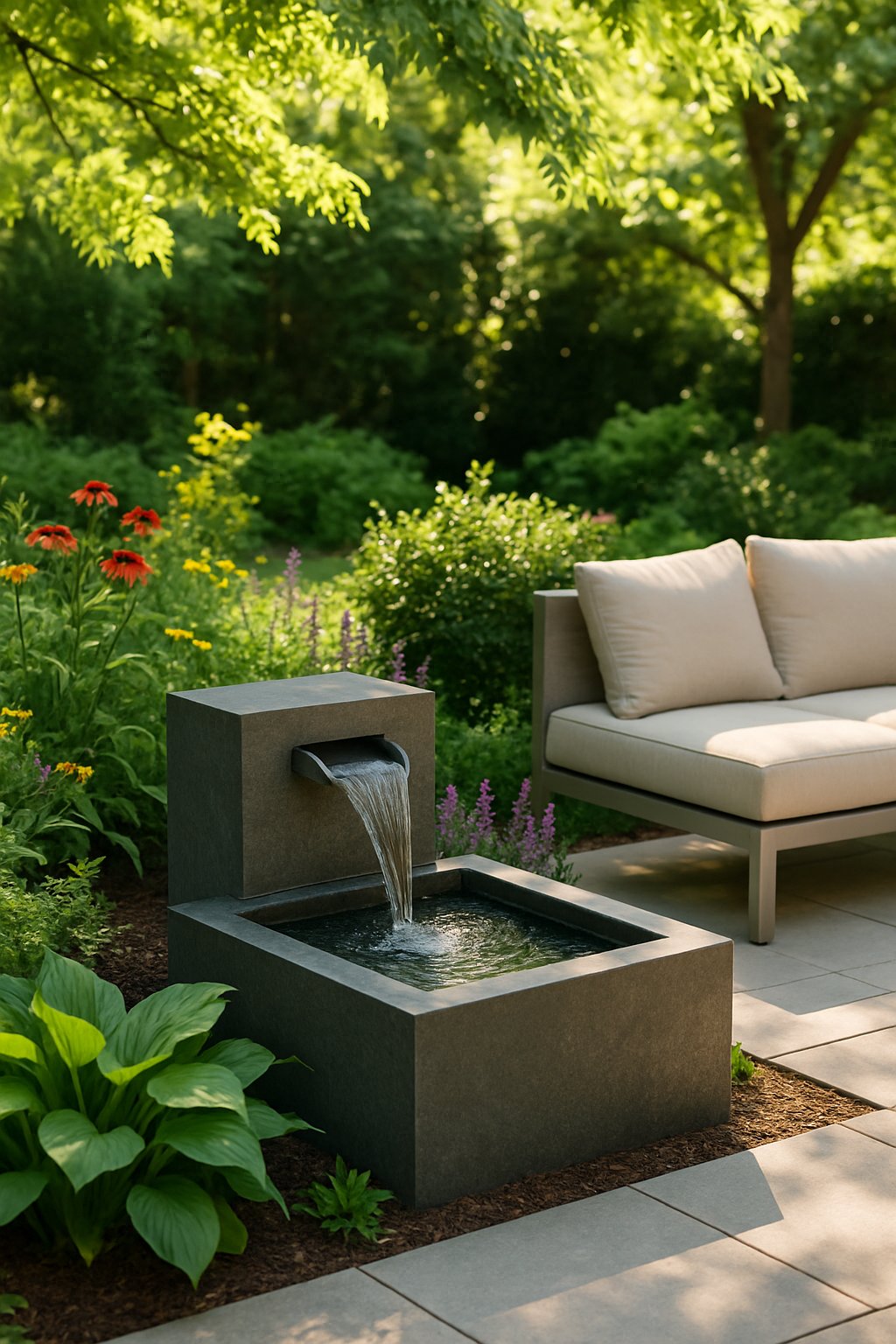 Outdoor living space with a stone water fountain surrounded by plants and seating area.