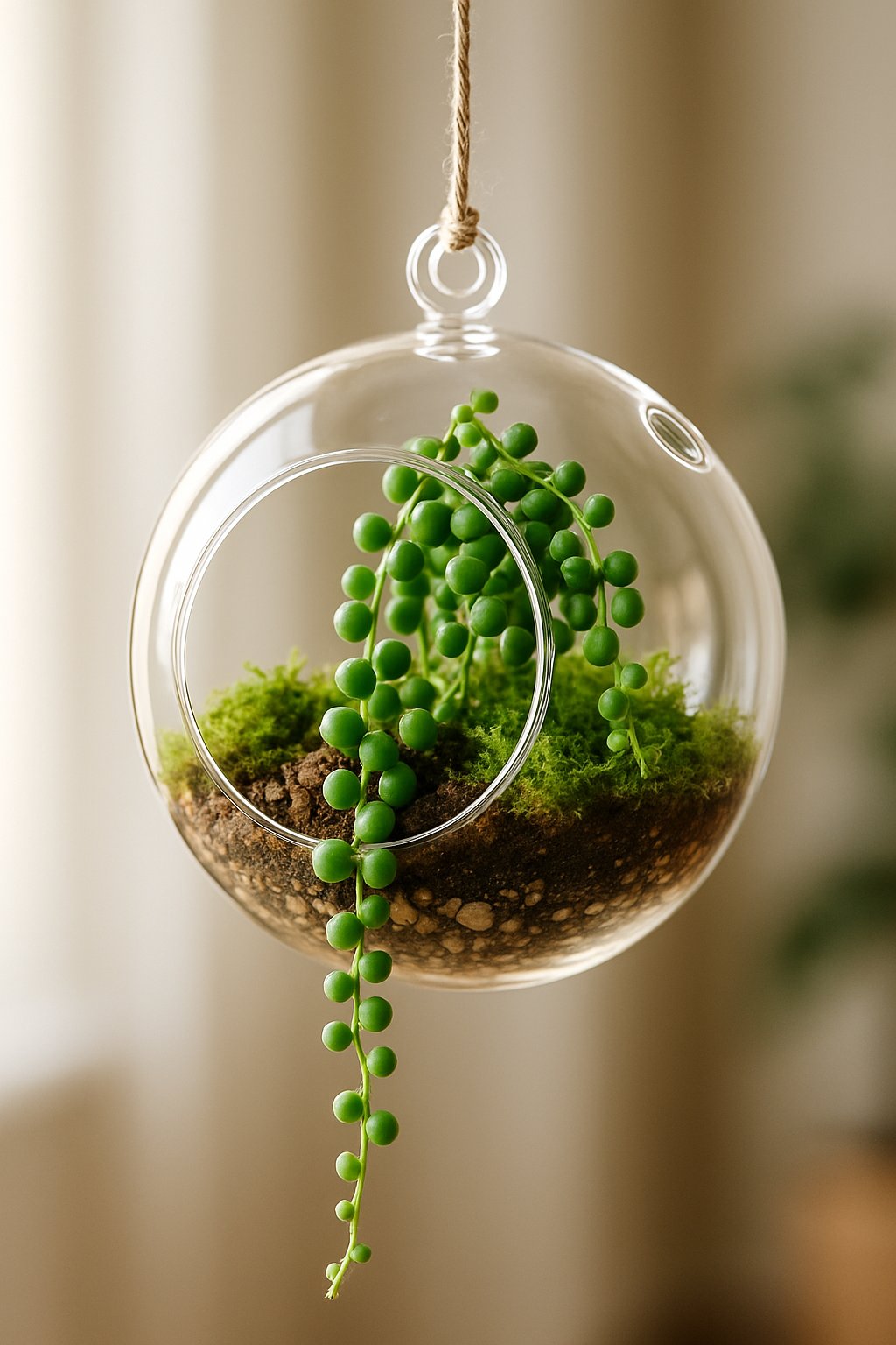 A hanging glass globe terrarium containing a trailing string of pearls plant with small green leaves.