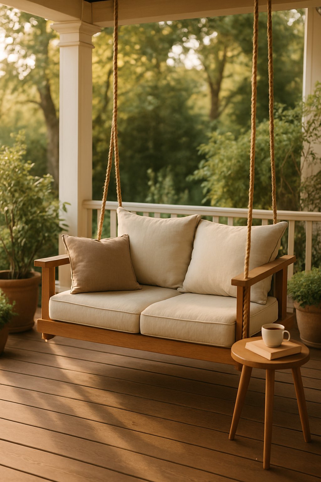 A porch swing with plush cushions on a wooden porch surrounded by plants and natural light.