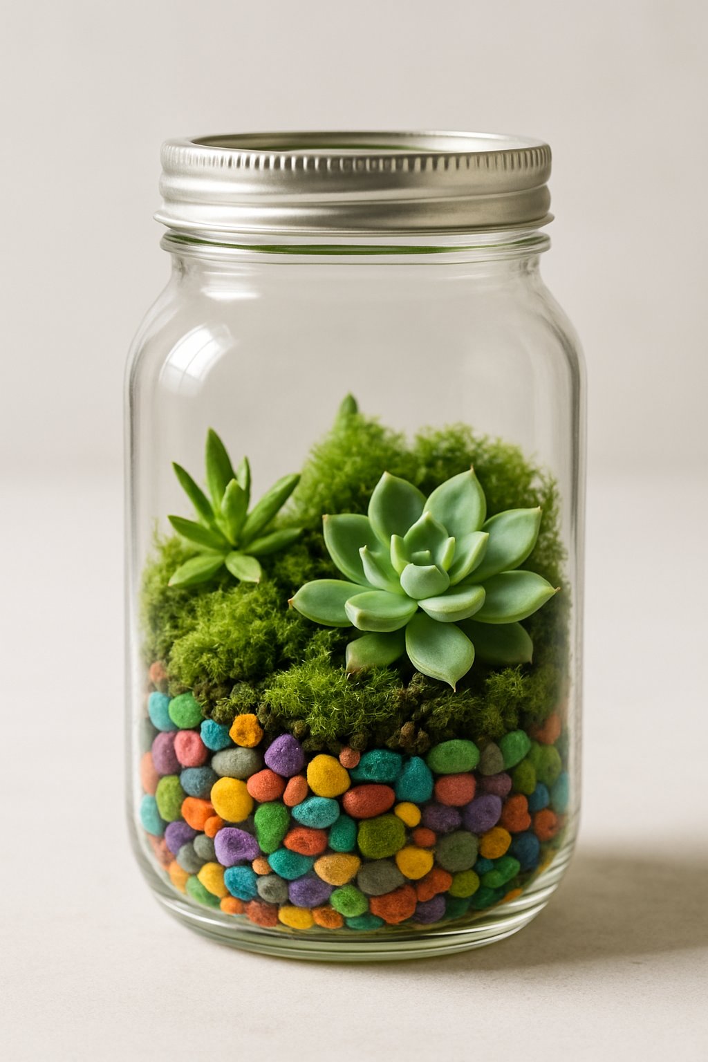 A clear mason jar terrarium with colorful pebbles and small green plants inside on a neutral background.
