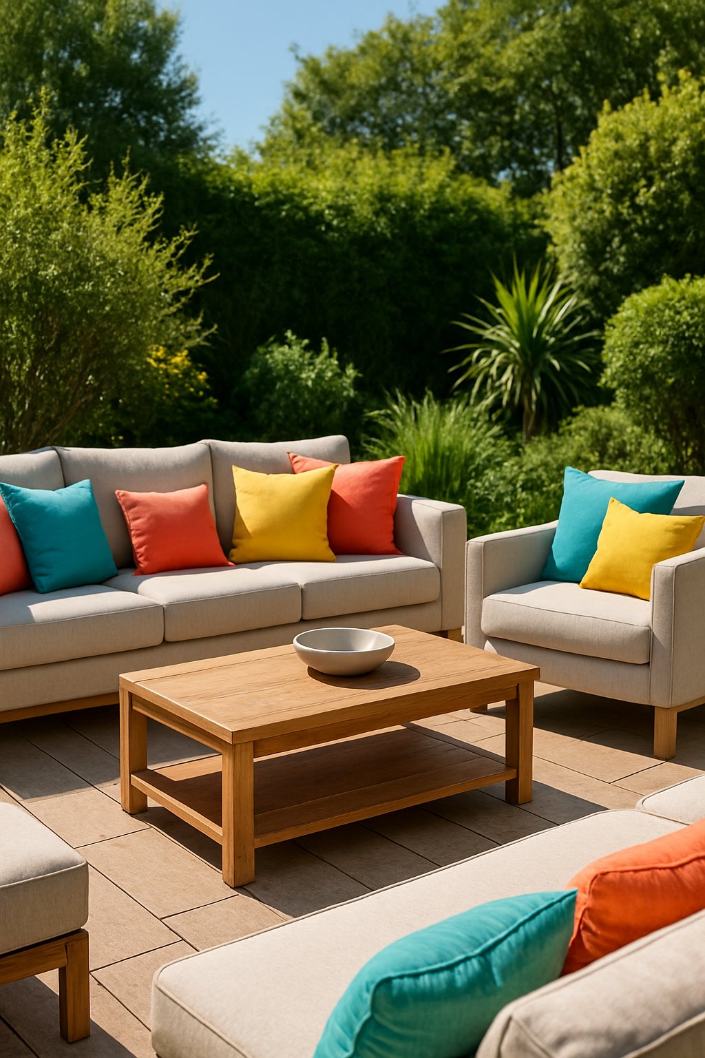 Outdoor seating area with neutral furniture decorated with bright colorful pillows surrounded by plants.