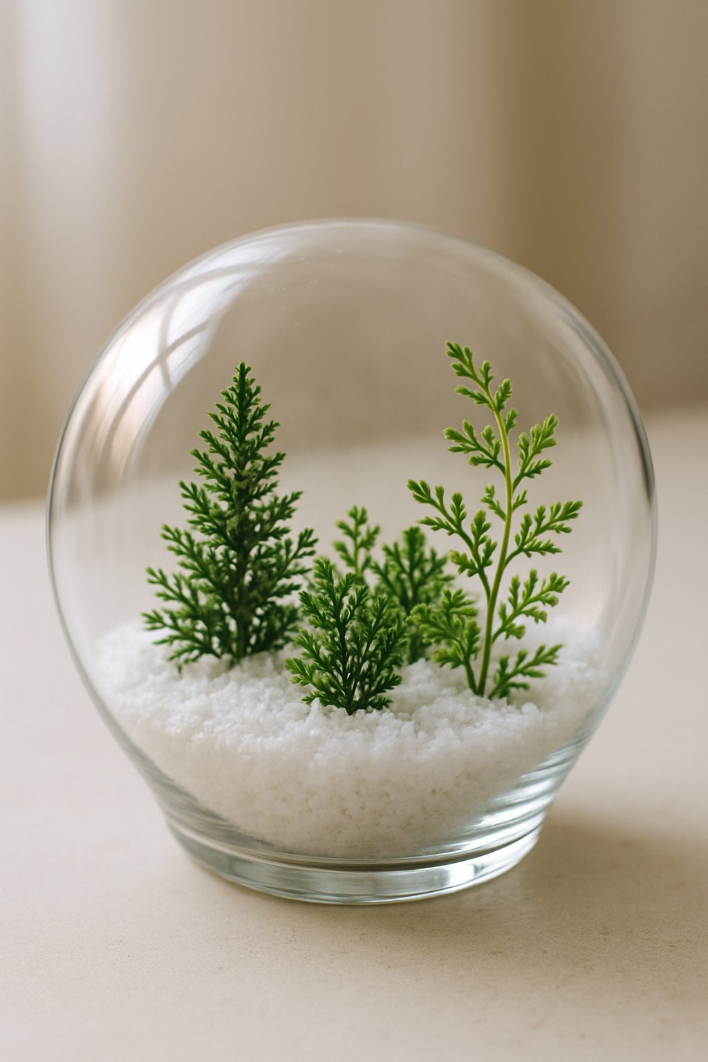A clear glass globe terrarium filled with tiny plants and faux snow on a neutral surface.