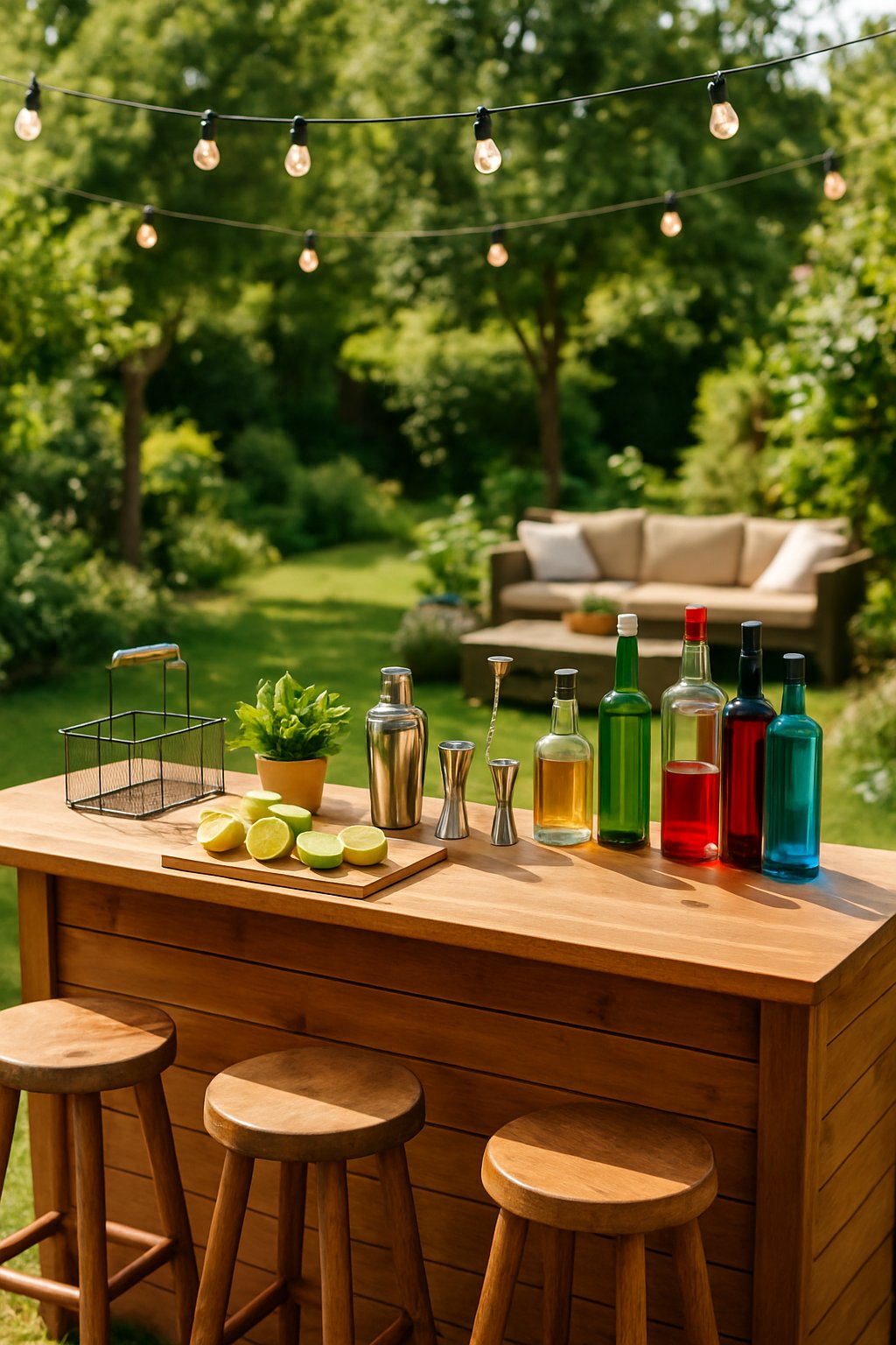 An outdoor bar with wooden countertop and stools surrounded by greenery and string lights, set up for making cocktails.