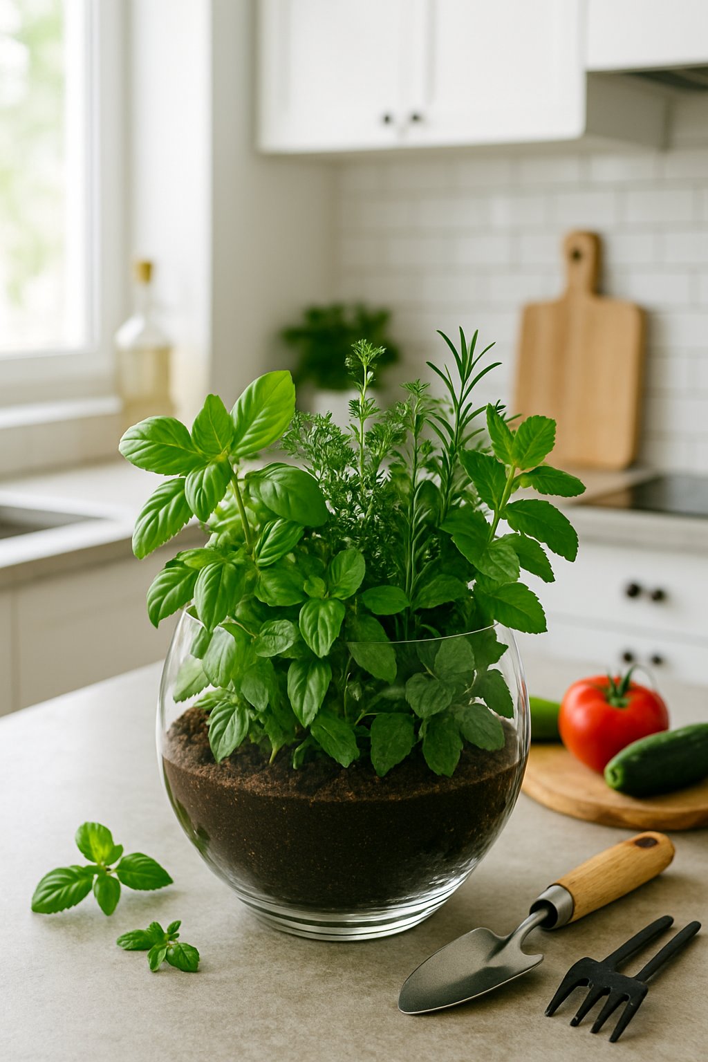 A glass terrarium filled with fresh edible herbs on a kitchen counter with natural light and kitchen items around it.