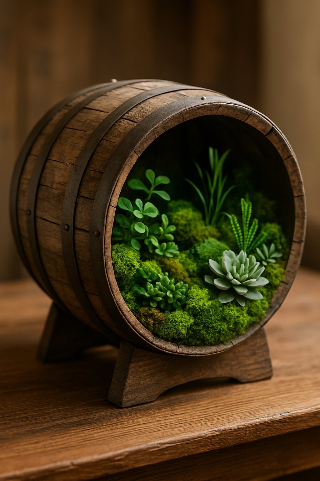 A whiskey barrel converted into a terrarium filled with green plants and moss on a wooden surface.