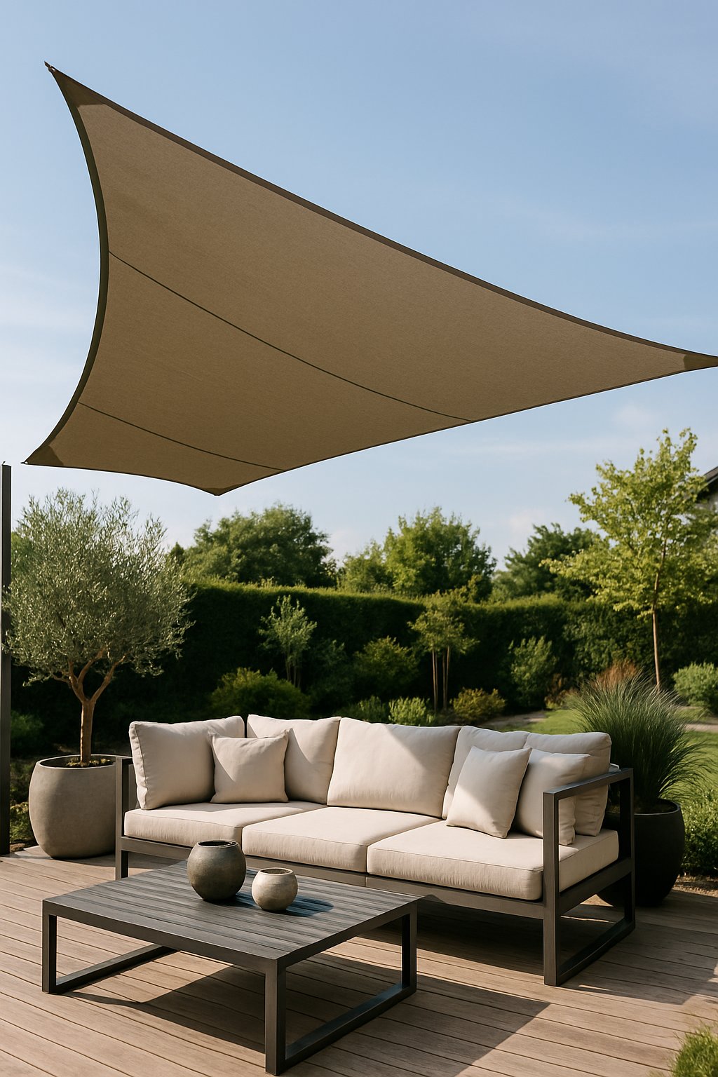 Outdoor seating area under a large sunshade sail surrounded by plants and garden.