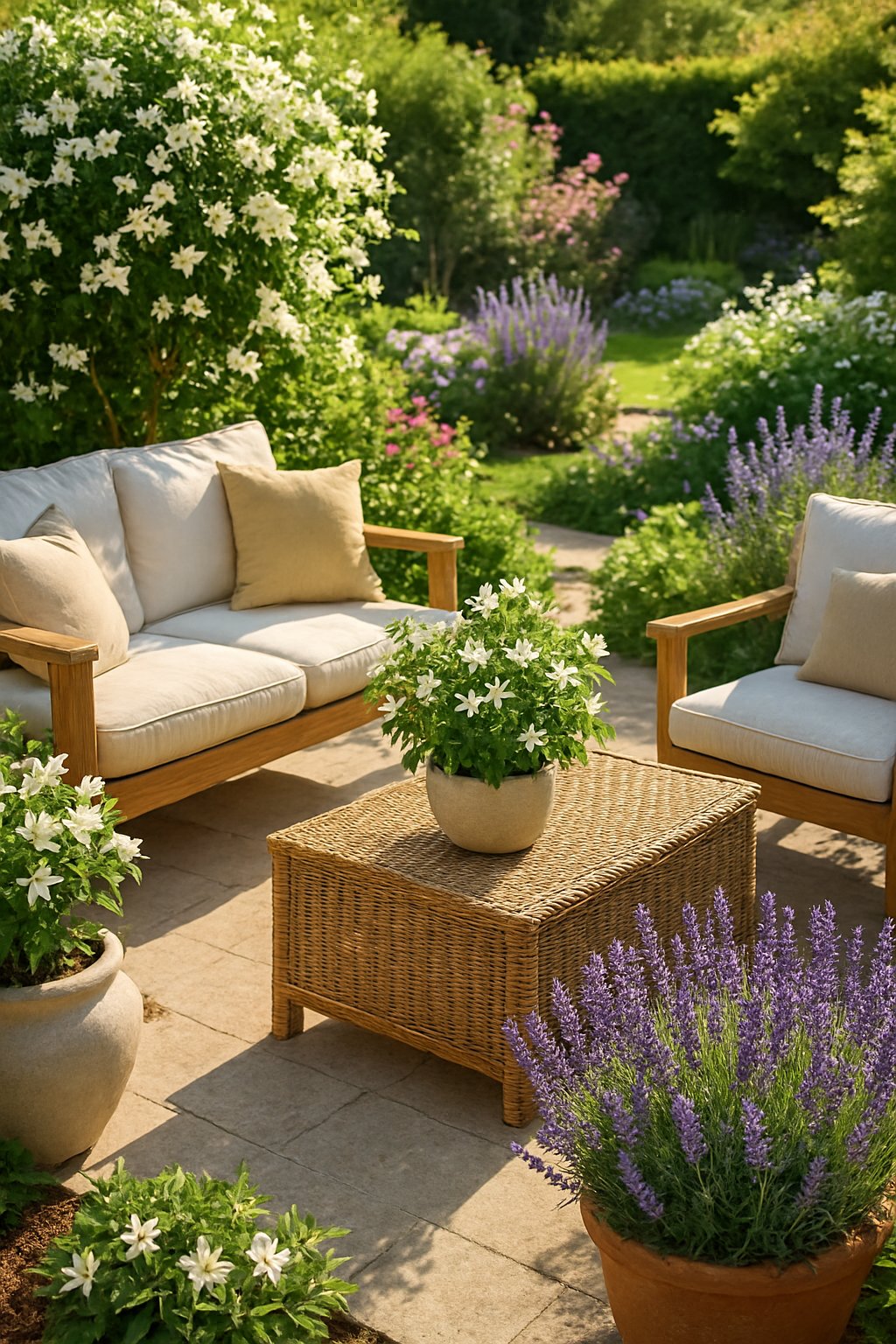 An outdoor living space with jasmine and lavender plants, comfortable seating, and a garden in the background.