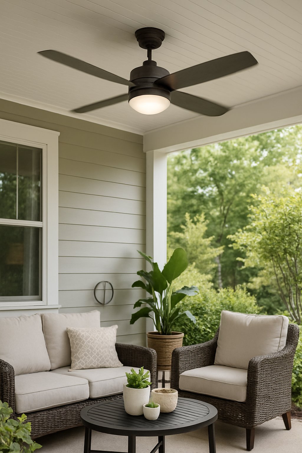 A porch with a ceiling fan installed above comfortable outdoor seating surrounded by plants.