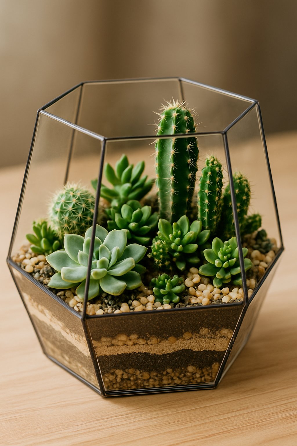 Hexagonal glass terrarium containing a mix of small succulents and cacti on a wooden surface.