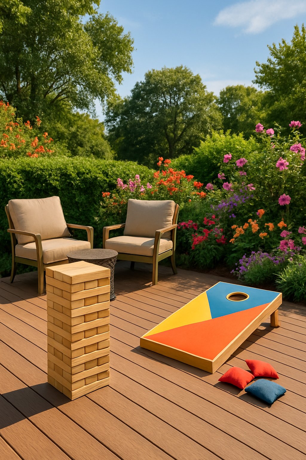 An outdoor living space with a giant Jenga game and a cornhole board on a wooden deck surrounded by plants and seating.