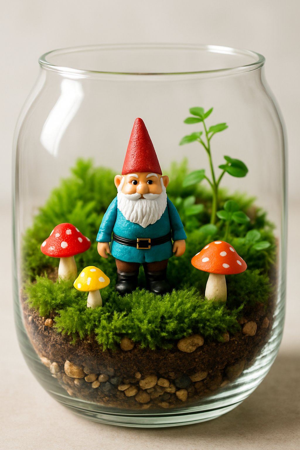 A glass terrarium containing a miniature garden gnome surrounded by tiny mushrooms and green plants.