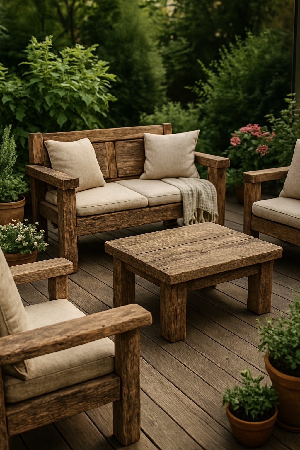 Outdoor living space with wooden furniture surrounded by plants and greenery.