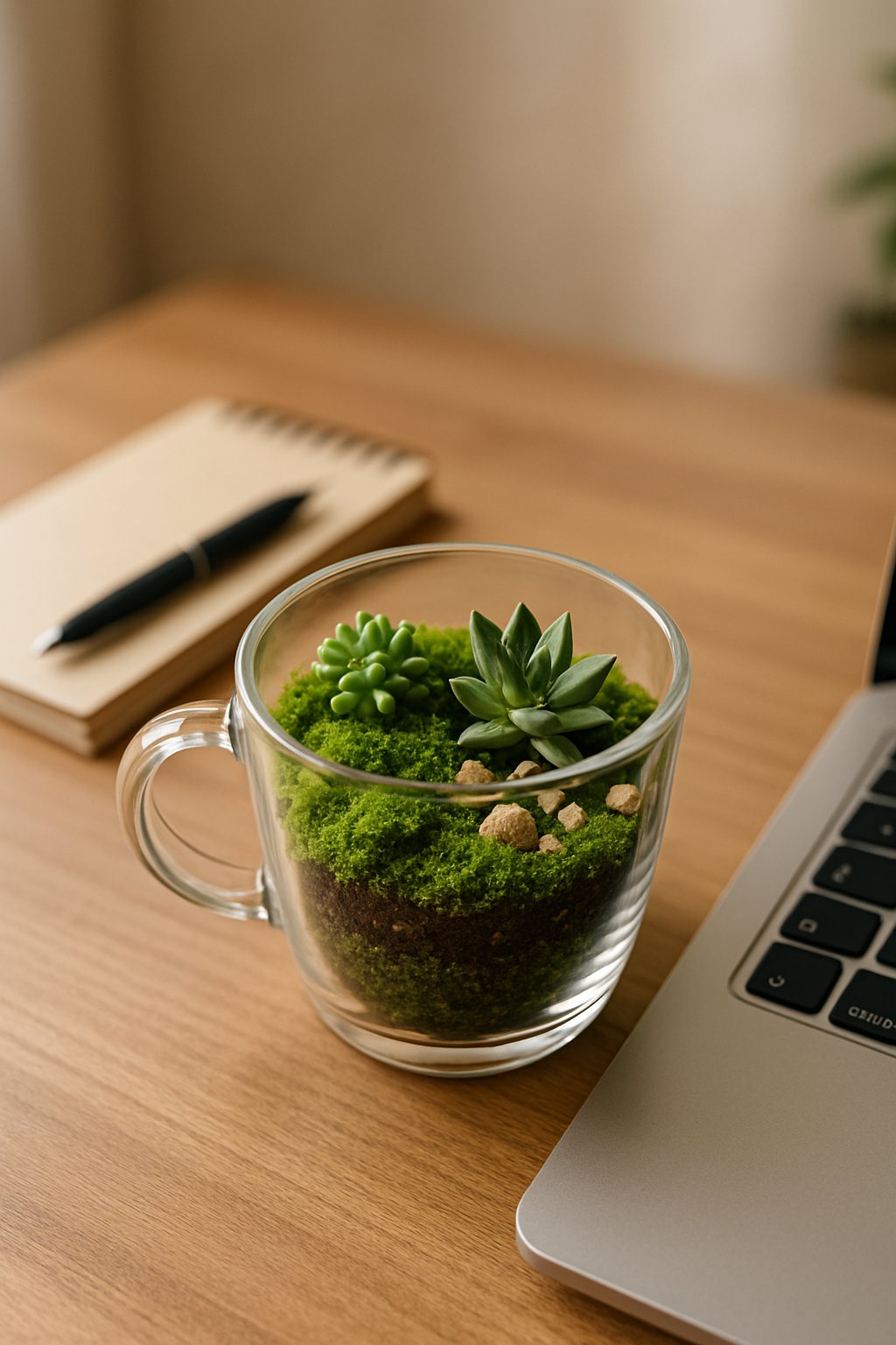 A coffee mug filled with small plants and moss sitting on a wooden desk next to office supplies.