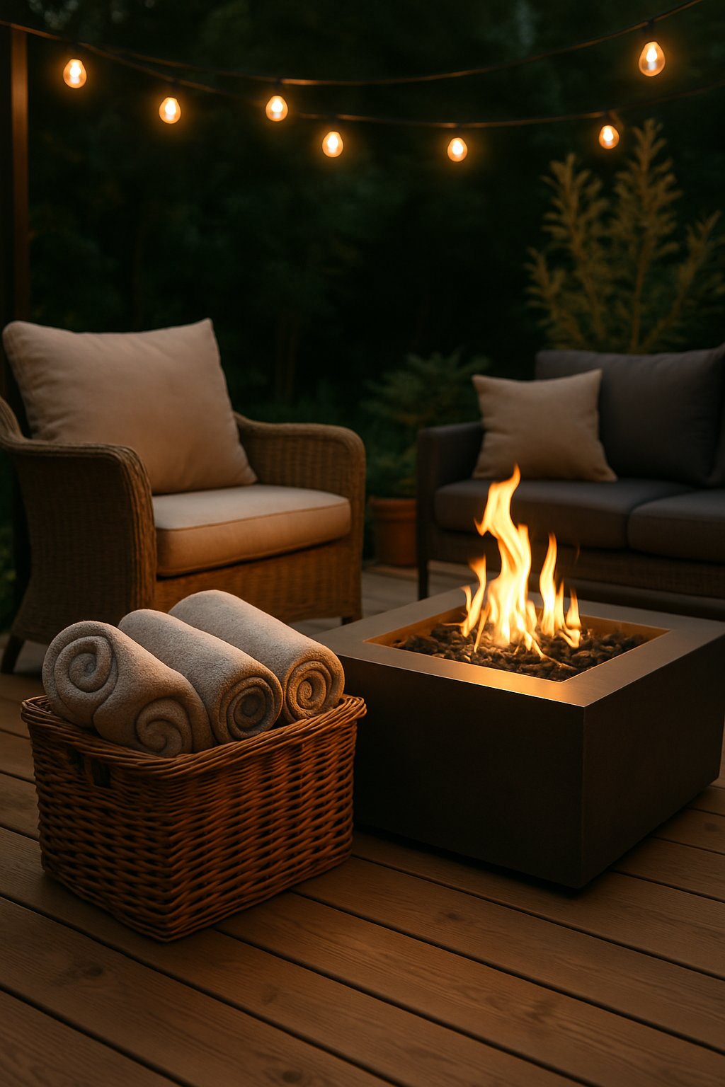 Outdoor living space with a wicker basket of blankets next to a fire pit and comfortable seating.