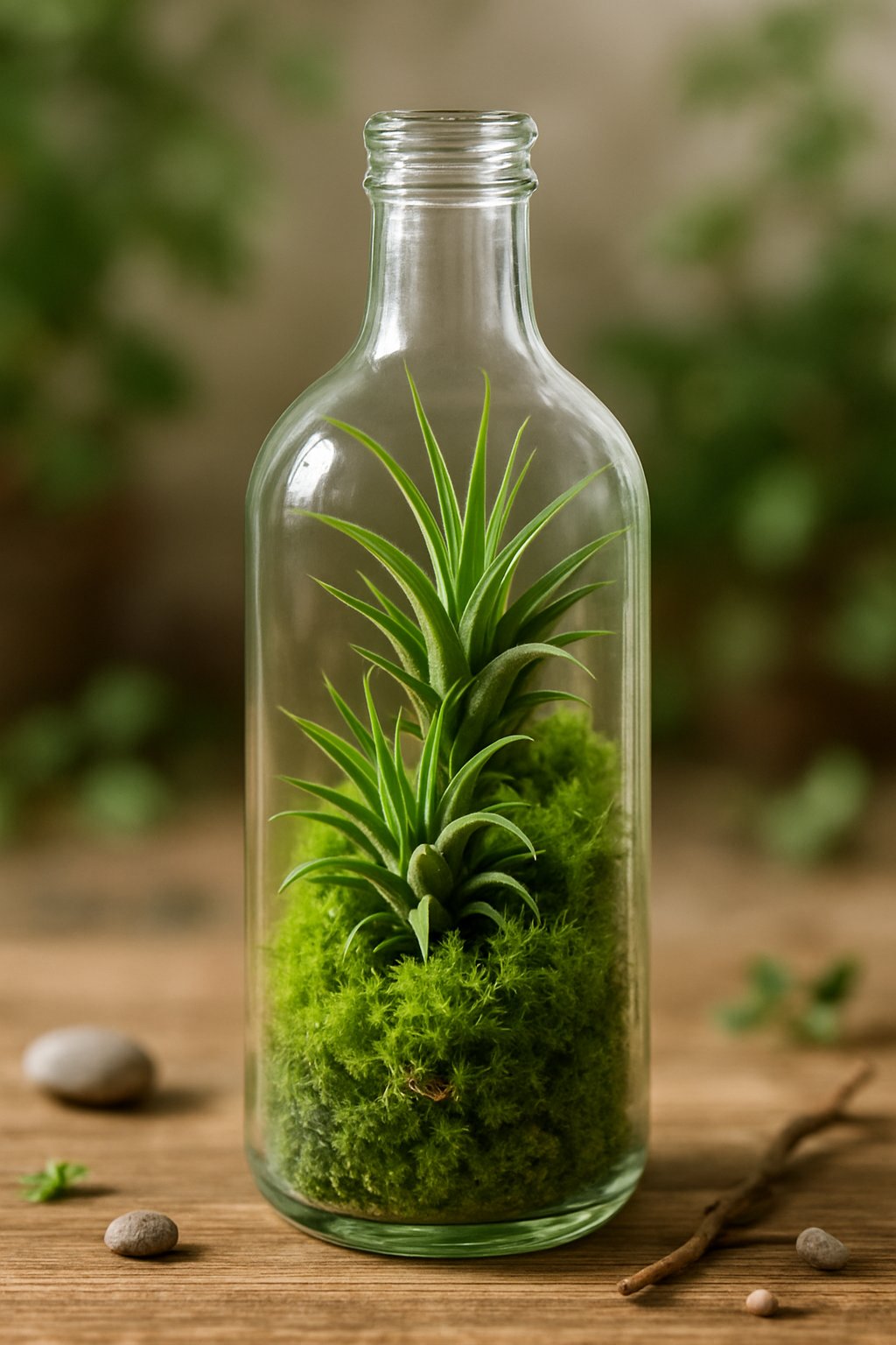 A clear glass bottle terrarium containing green air plants and moss on a wooden surface with natural elements around it.