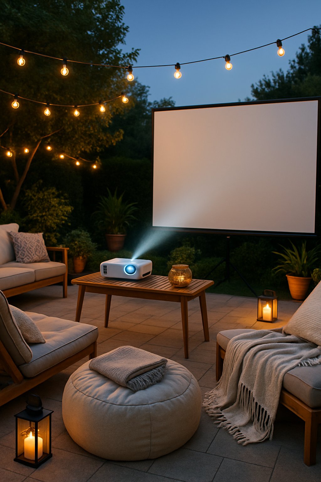 An outdoor patio with a movie projector set up, comfortable seating, and string lights creating a cozy atmosphere for an evening movie night.