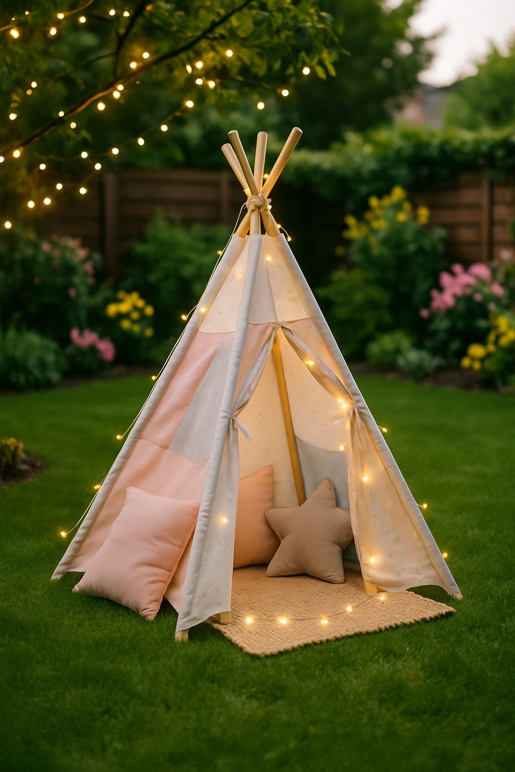 Outdoor kids' play area with a small teepee tent decorated with cushions and fairy lights on a green lawn surrounded by garden plants.