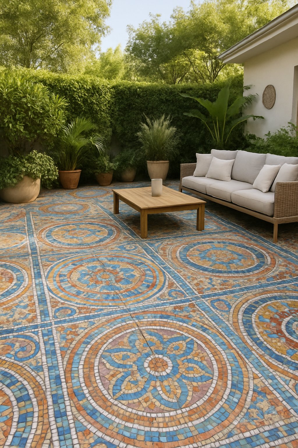 Outdoor patio with colorful mosaic tile floor, surrounded by plants and outdoor furniture.