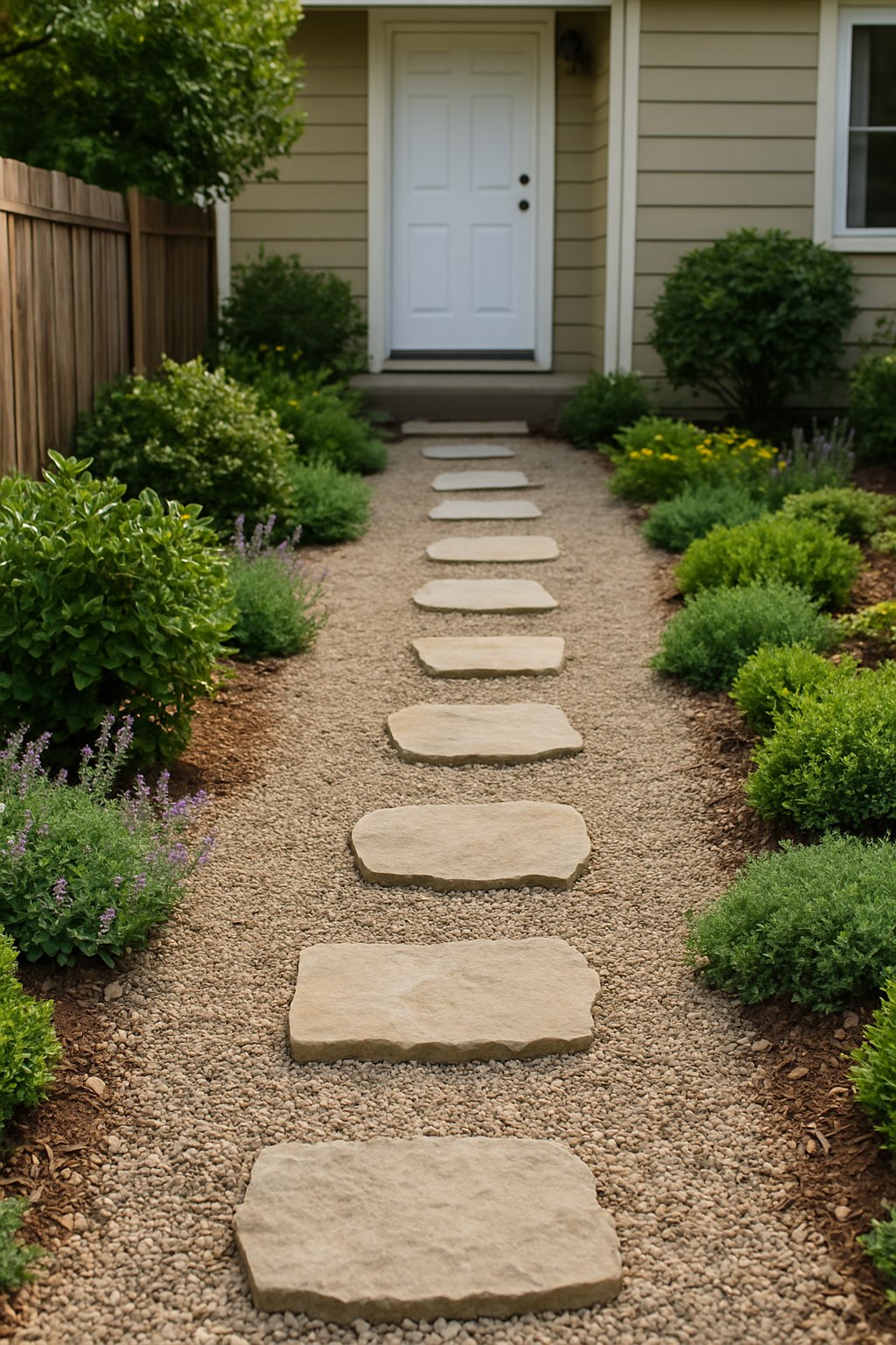 A gravel pathway with stepping stones leading through a front yard with plants and greenery.