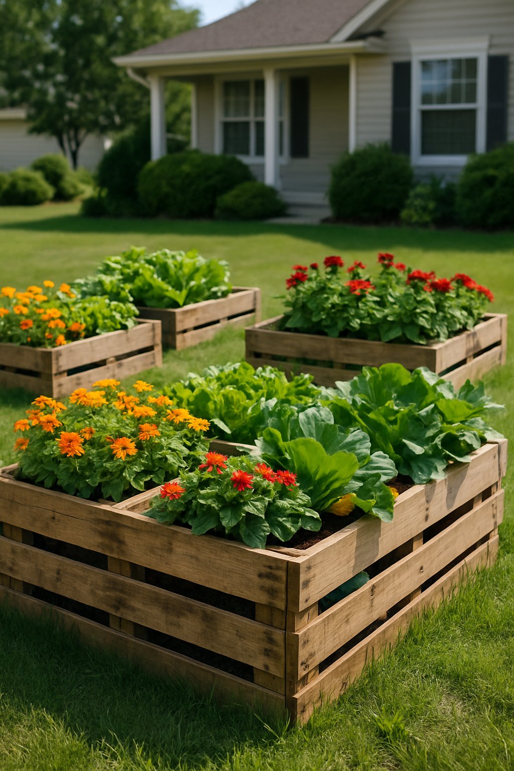 A front yard with raised garden beds made from recycled wooden pallets filled with flowers and vegetables.