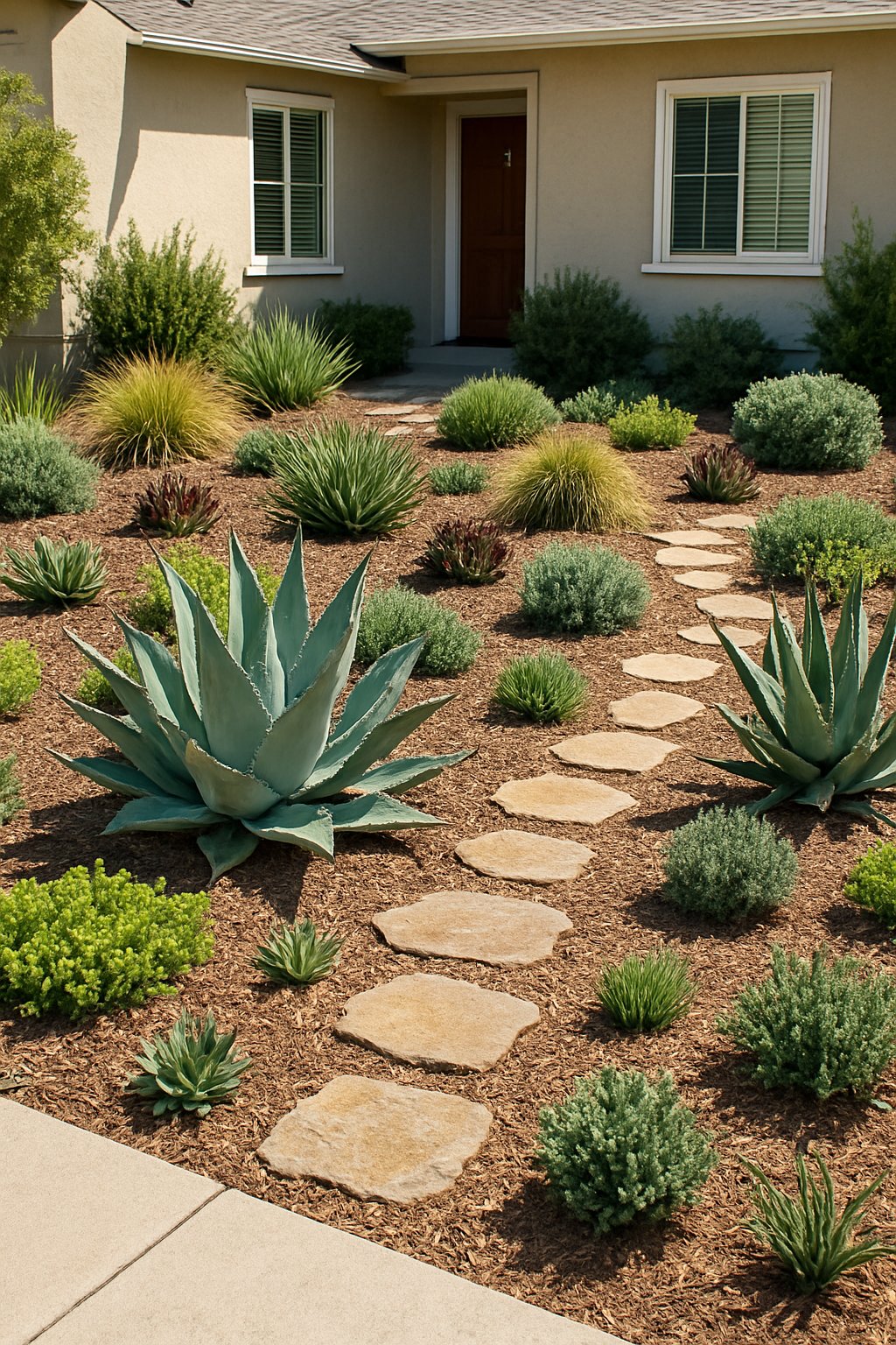 Front yard with drought-resistant plants, including succulents and grasses, arranged in a neat garden bed with stone pathways in front of a modest house.