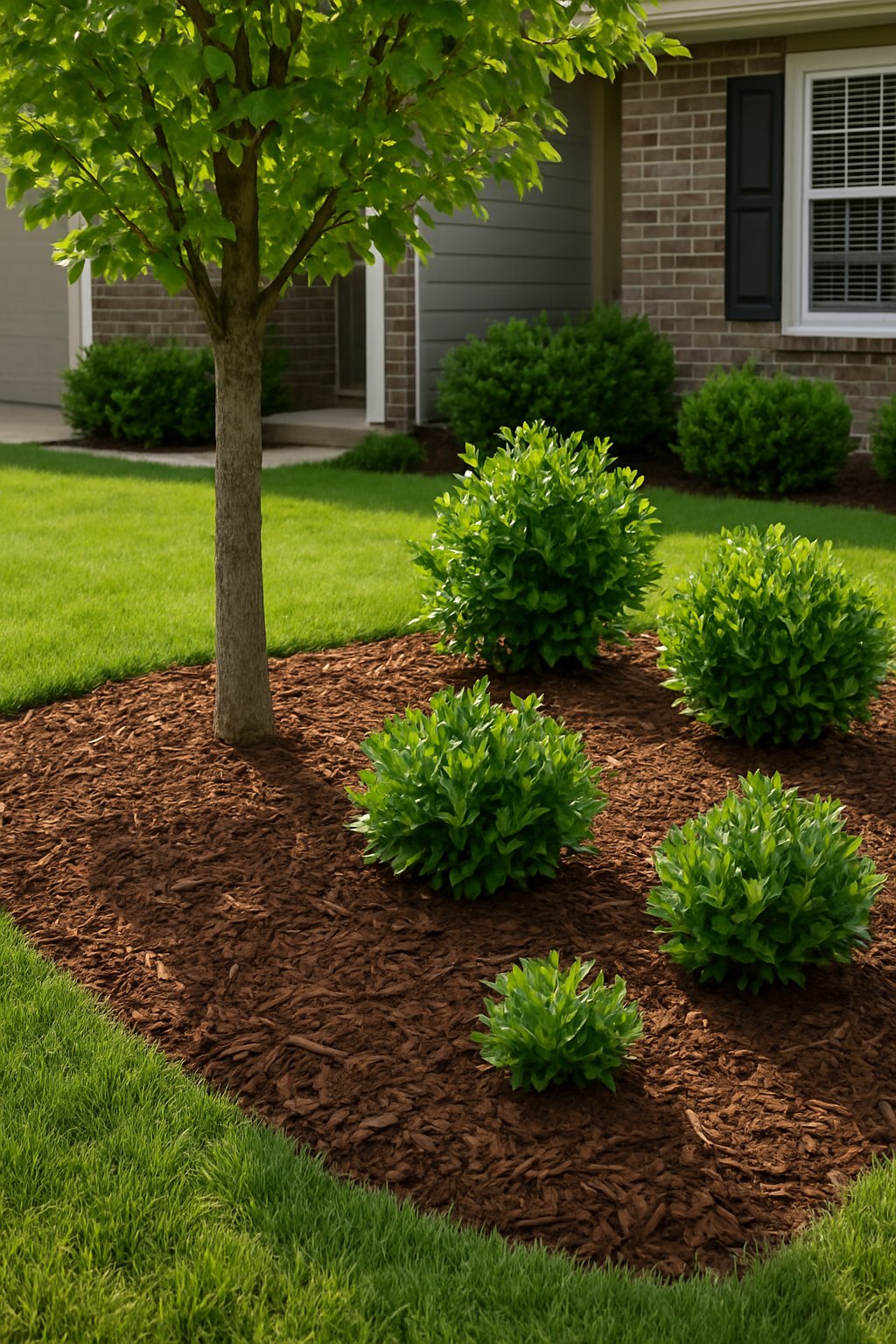 Front yard with trees and shrubs surrounded by a fresh mulch bed, showing healthy green plants and moist soil.