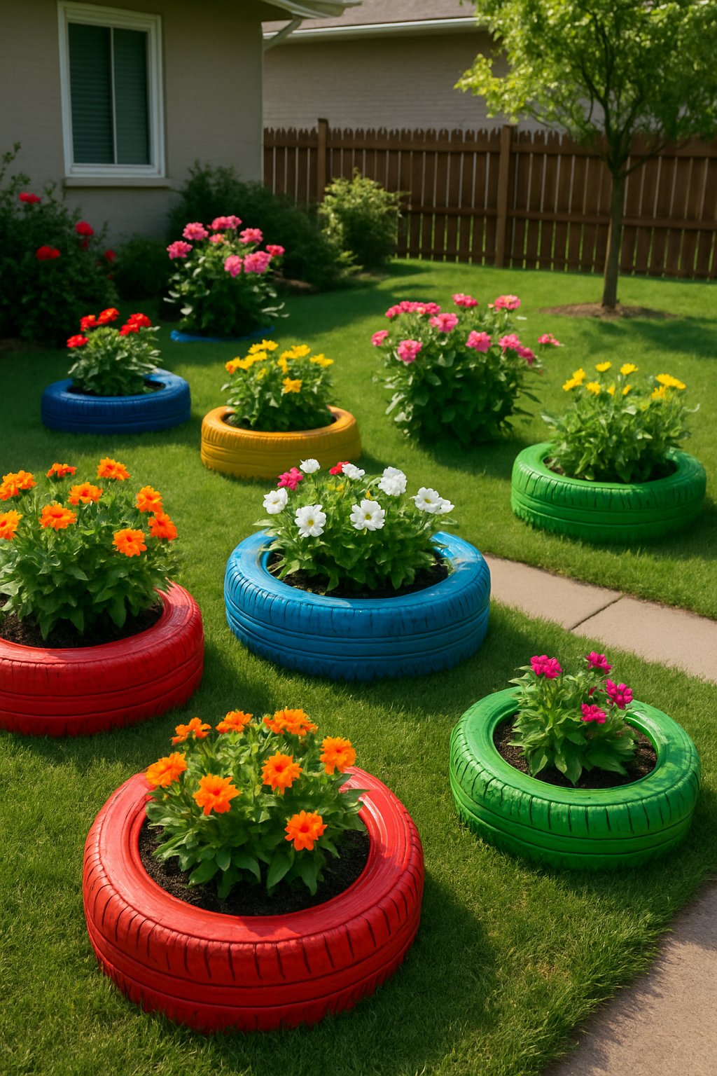 Front yard with old tires painted in bright colors used as planters filled with green plants and flowers.
