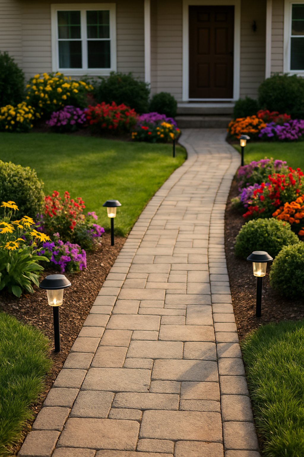 A front yard walkway lined with solar-powered garden lights, surrounded by grass, flowers, and shrubs in front of a house.