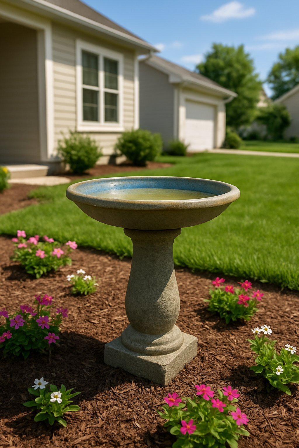 A simple birdbath with a shallow bowl on a stone pedestal in a front yard garden with plants and grass.