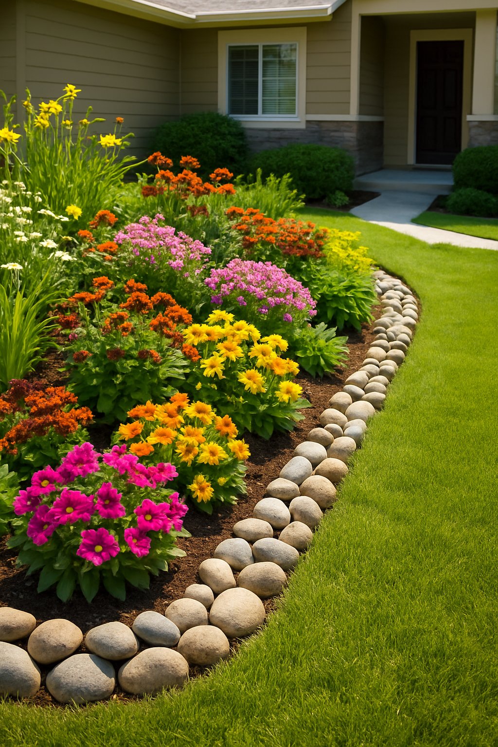 Front yard with flower beds edged by river rocks, colorful flowers, green grass, and part of a house in the background.