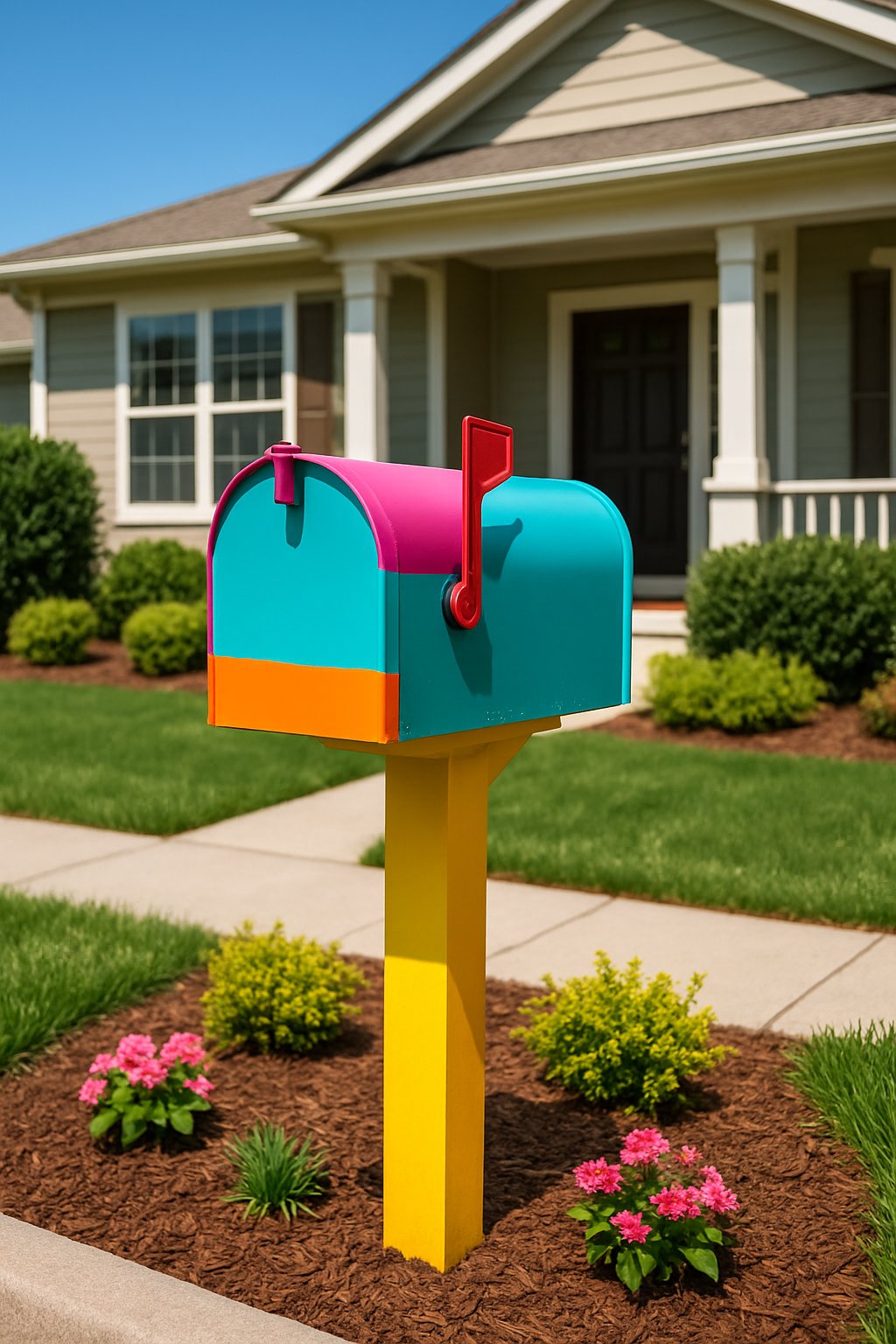 A brightly painted mailbox in a front yard with small plants and trimmed grass near a house.