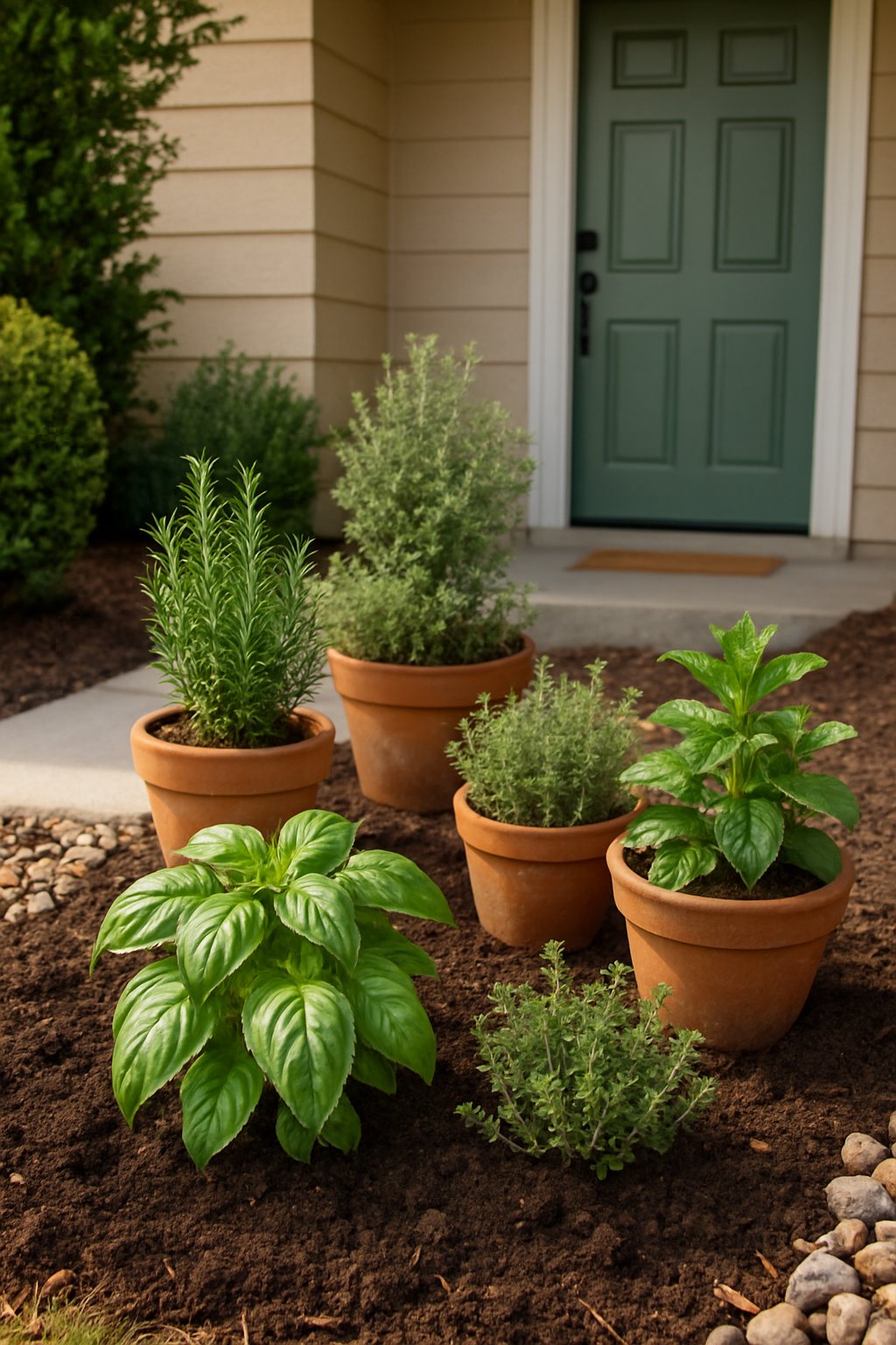 A small herb garden with various green herbs planted near the front door of a house.