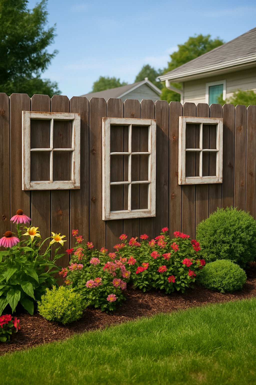 Front yard garden with vintage wooden window frames hung on a wooden fence surrounded by grass, flowers, and shrubs.