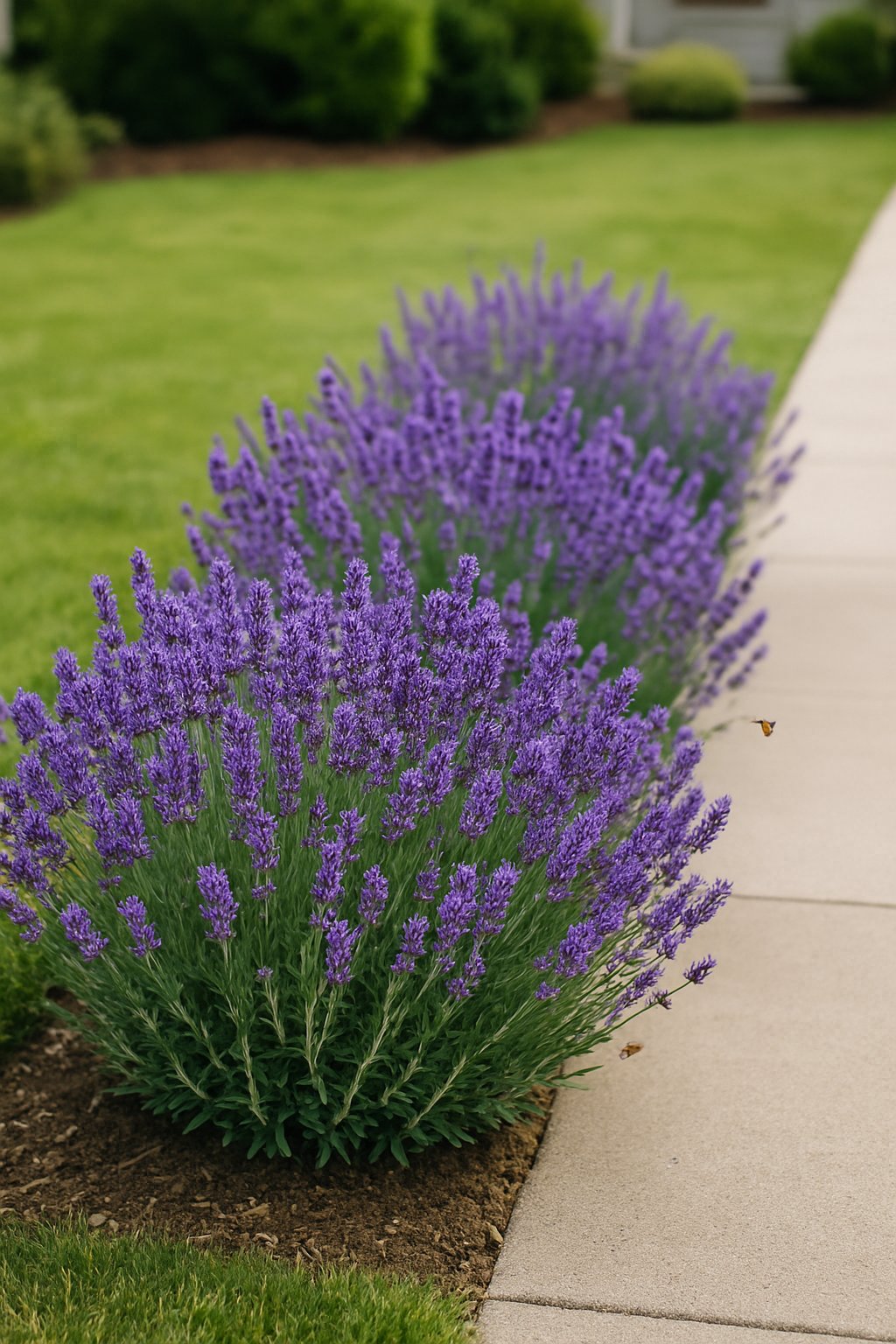 A row of blooming lavender plants with purple flowers along a front yard pathway, surrounded by green grass and a few pollinators.