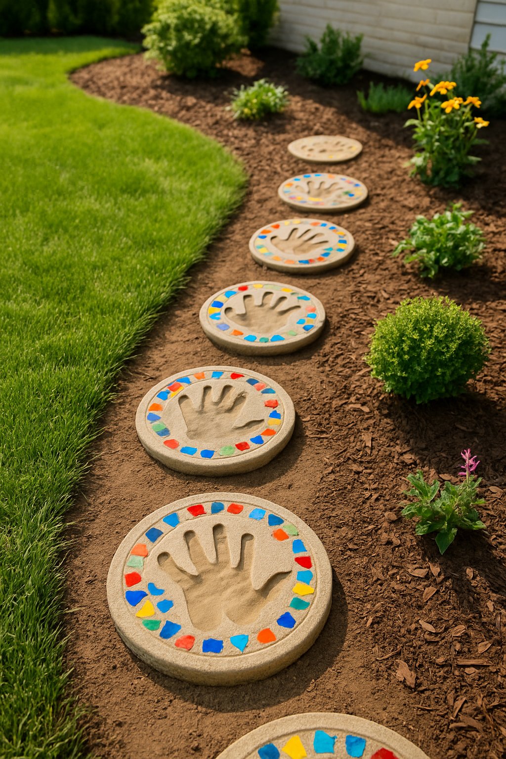 Front yard with a garden path made of DIY stepping stones decorated with handprints and mosaic tiles, surrounded by grass and plants.