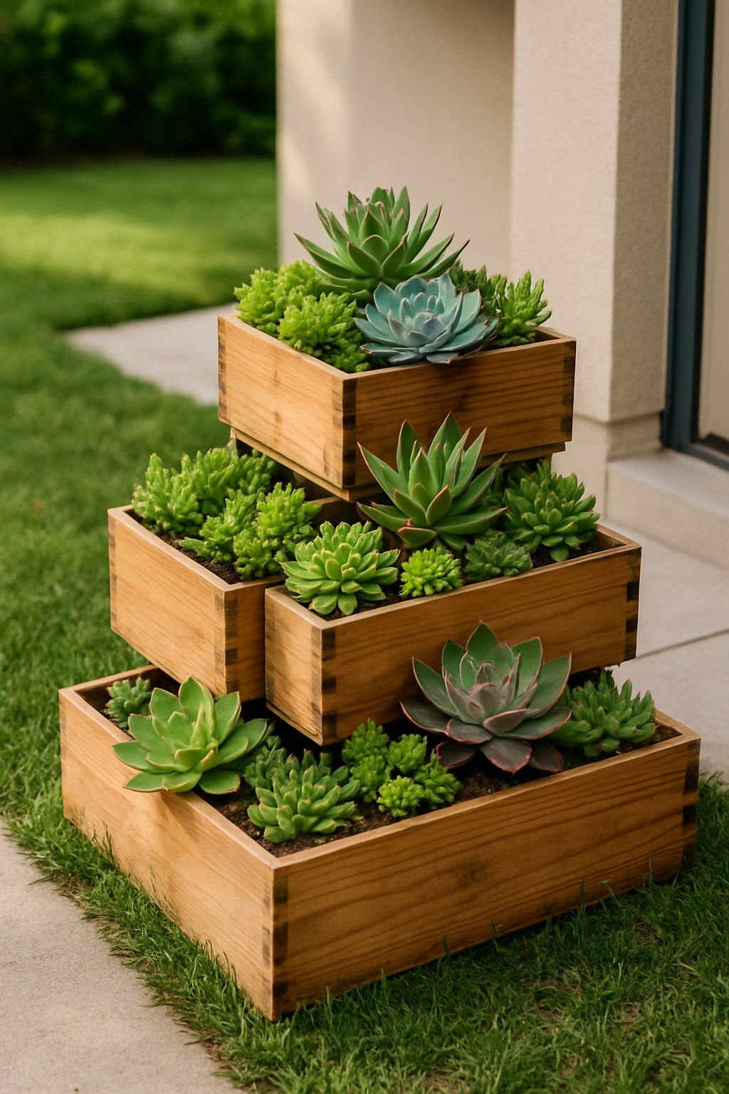 Stacked wooden wine crates used as planters filled with green succulents in a front yard garden.