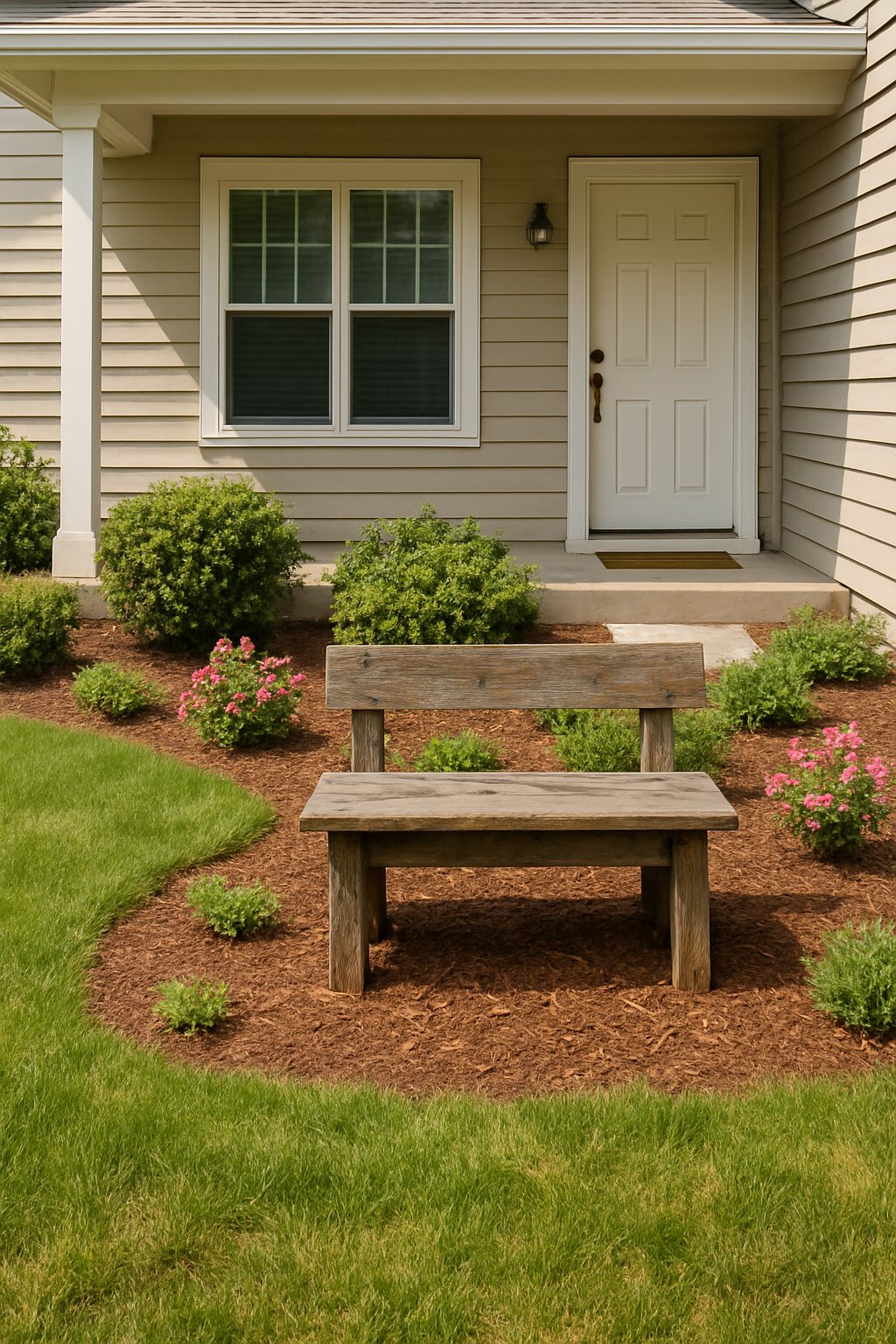 A front yard with a rustic wooden bench surrounded by grass and small flowering plants.