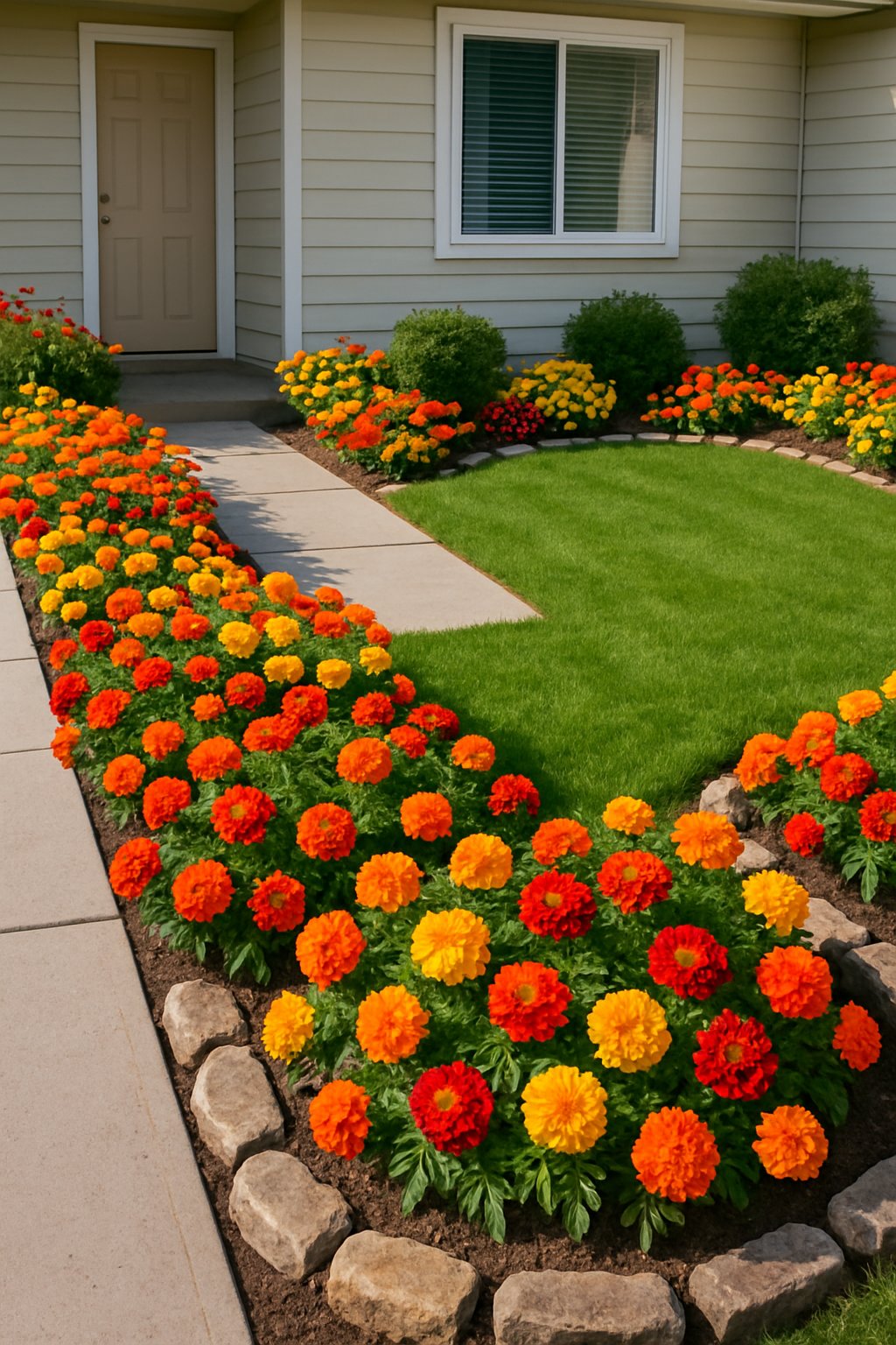 A front yard with colorful marigold flowers planted along a pathway and around a lawn, with green grass and a simple house in the background.