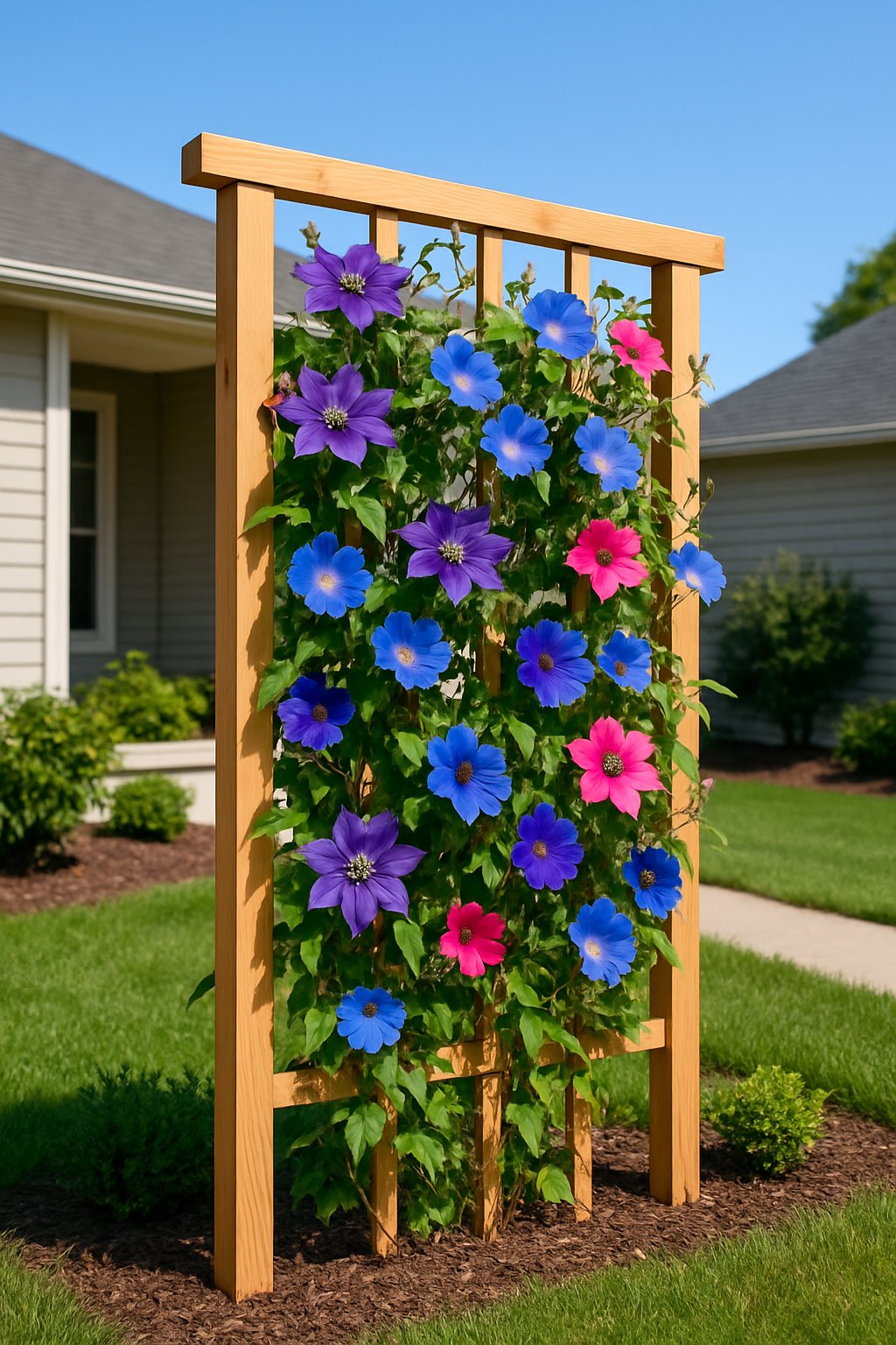 A front yard garden with a wooden trellis covered in flowering climbing vines and surrounding green grass and shrubs.