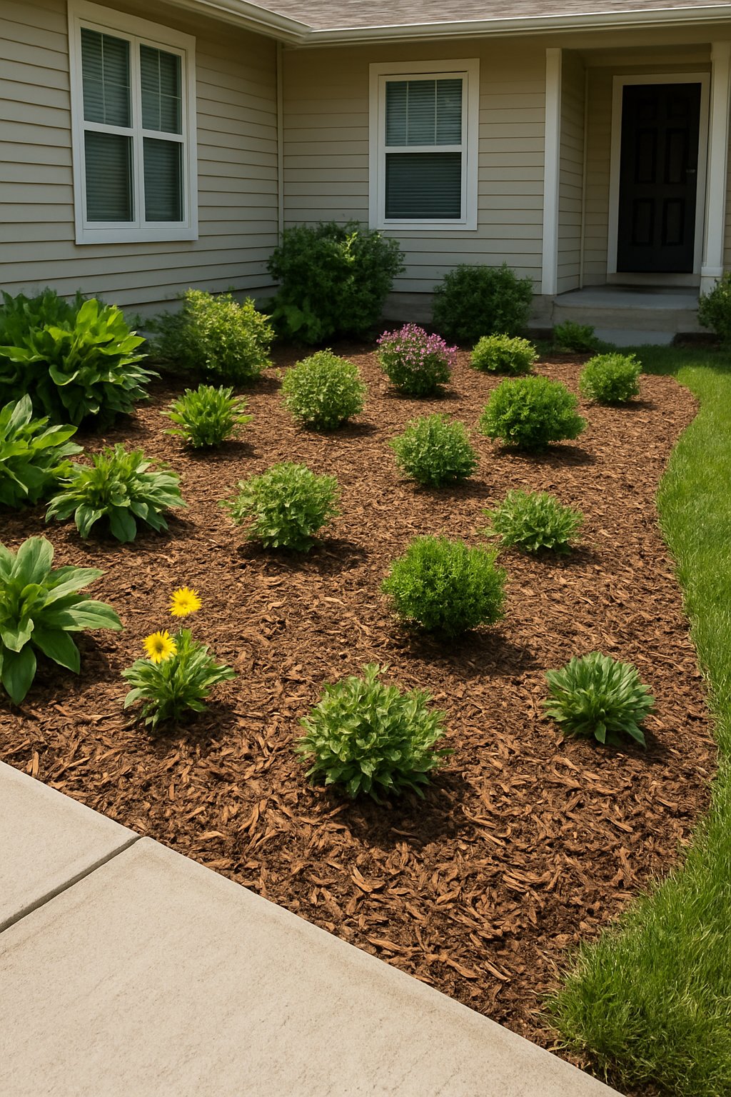 Front yard garden bed covered with shredded leaf and bark mulch surrounded by green plants and shrubs in front of a house.