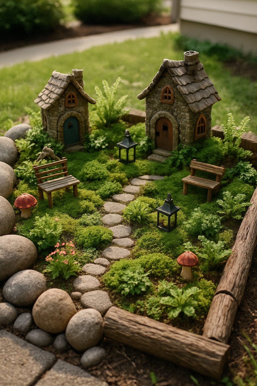 A small fairy garden in the corner of a front yard with tiny plants, miniature fairy houses, and whimsical decorations surrounded by stones and grass.