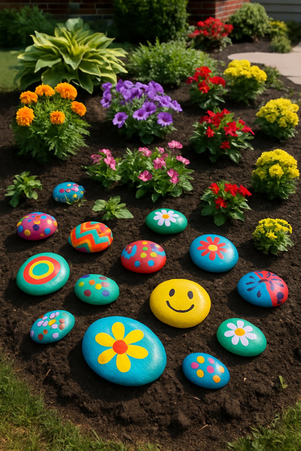 A front yard flower bed with colorful painted rocks scattered among blooming flowers and green plants.